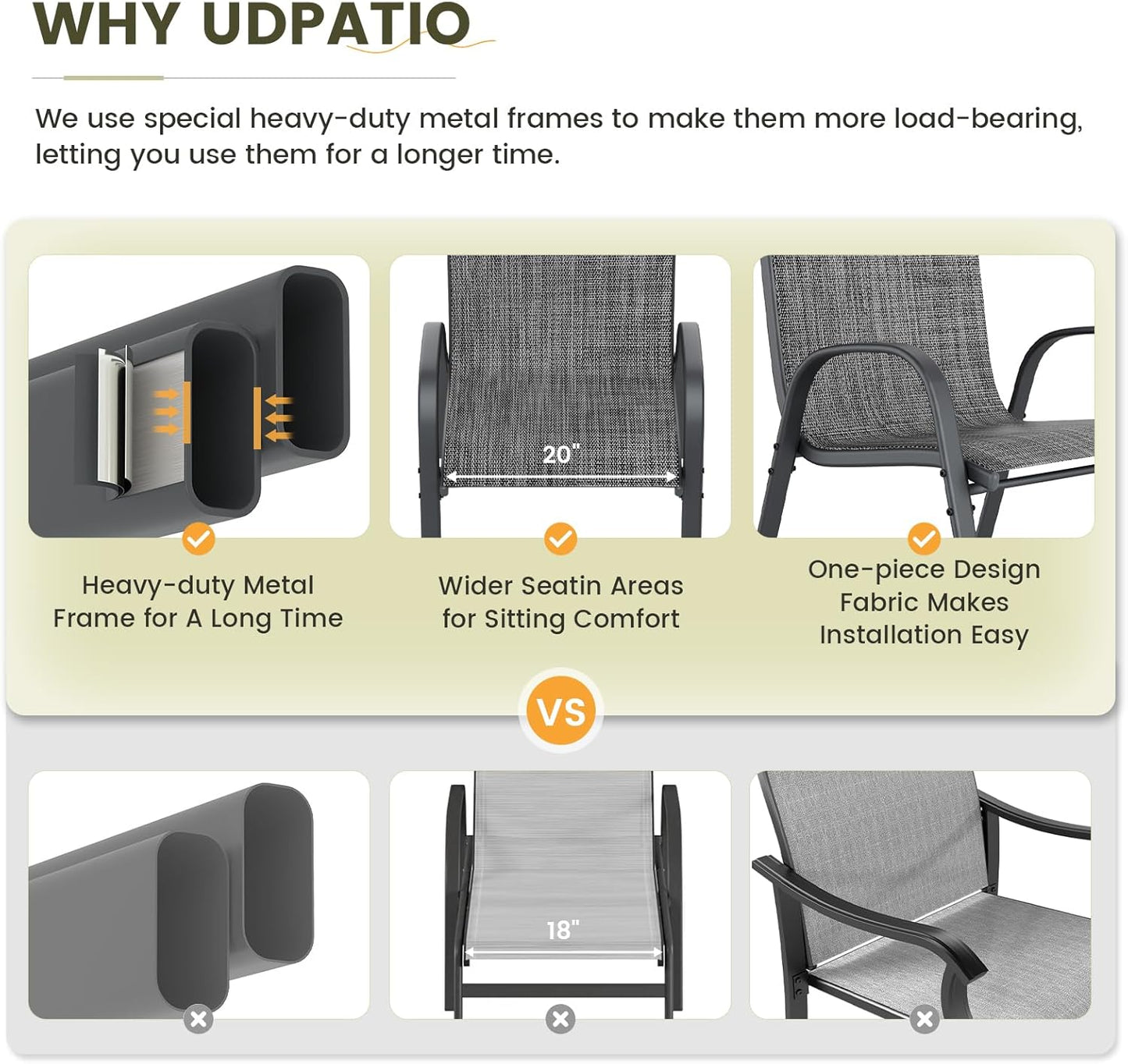 UDPATIO Patio Dining Set of 3, Outdoor Table and Chairs Set with Glass Table, 2 Stackable Patio Chairs with High Back, Outdoor Furniture Sets for Deck Garden Backyard Lawn Poolside (Dark Grey)