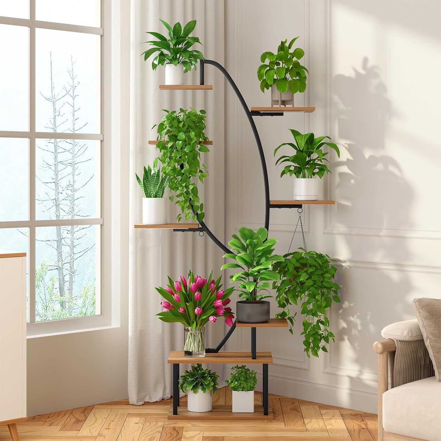 Indoor Plant Stand with Grow Lights, Multi-layer Tall Metal Plants Shelf, Corner Plant Stand Indoor with Cable Ties & Safe Straps for Living Room, Patio (Swan Neck)