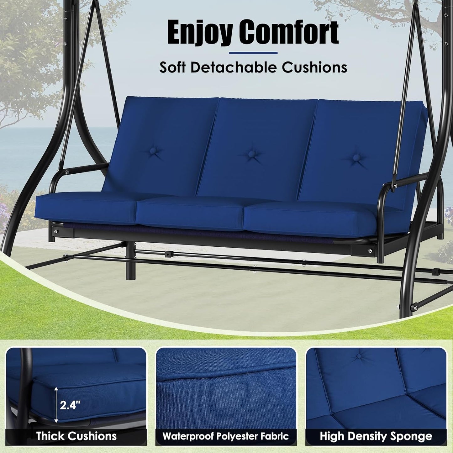 MAMIZO 3-Seat Patio Swing with Adjustable Canopy & Backrest, Outdoor Porch Swing Chair for Adults, Outside Porch Converting Bed Thickened Removable Cushions, 2mm Steel Pipe, for Garden, 750LBS