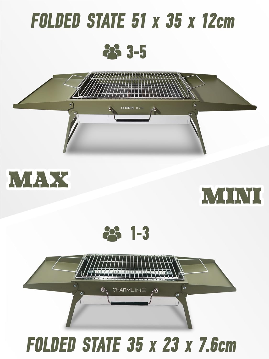 Charmline 14x9inch Small Foldable Portable Charcoal Grill, Compact Portable Grill for Outdoor, Charcoal Grills for Camping, Picnics, Gardens and Beach Parties, Liftable Grilling Net, Green