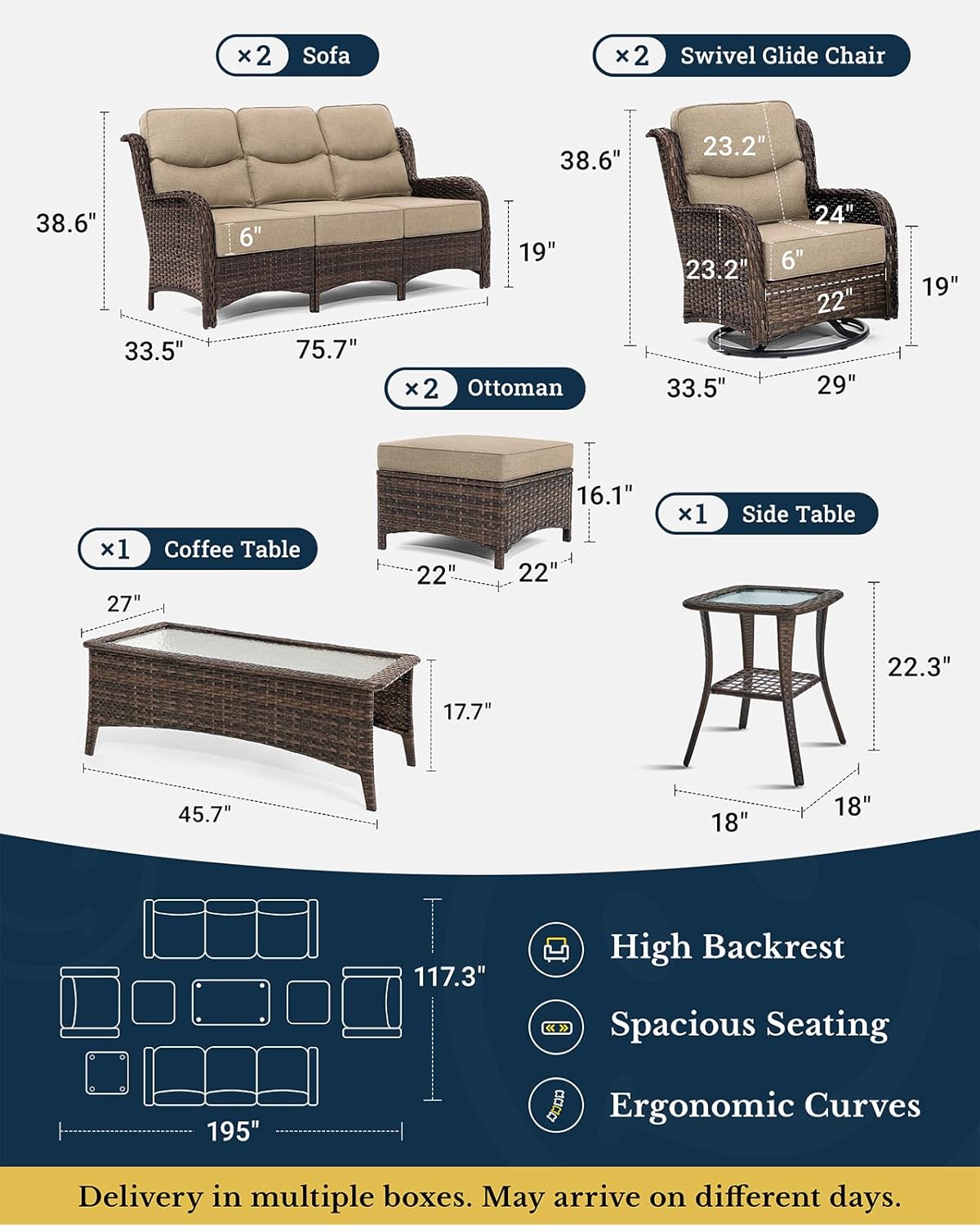 HILLGA Luxury Patio Furniture Set with 6-inch Thick Cushion, Outdoor Couch and High Back Swivel Rocker Patio Chairs, 8PCS Wicker Conversation Set for Deck Yard and Poolside, Beige (V2)