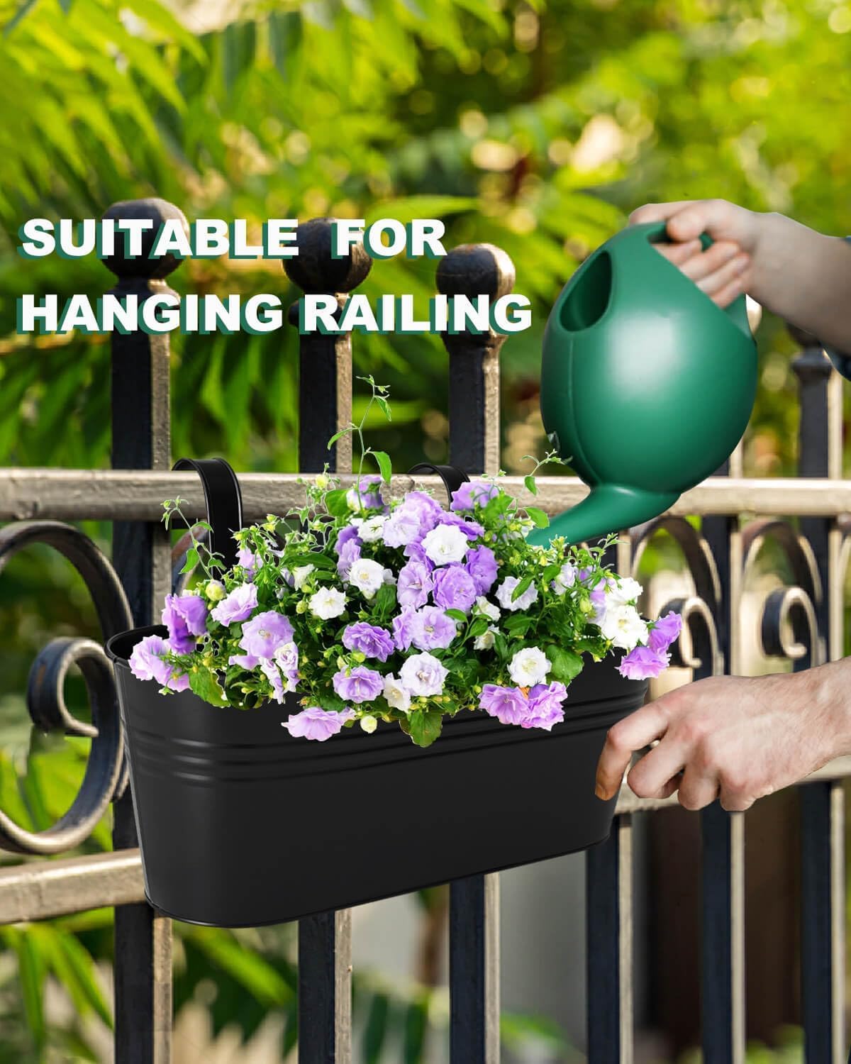 vensovo 16 Inch Railing Planter for Outdoor Plants - 3 Pack Large Metal Balcony Hanging Planters with Detachable Hooks and Drain Holes Oval Box Rail Pots for Home Garden Fence, Black