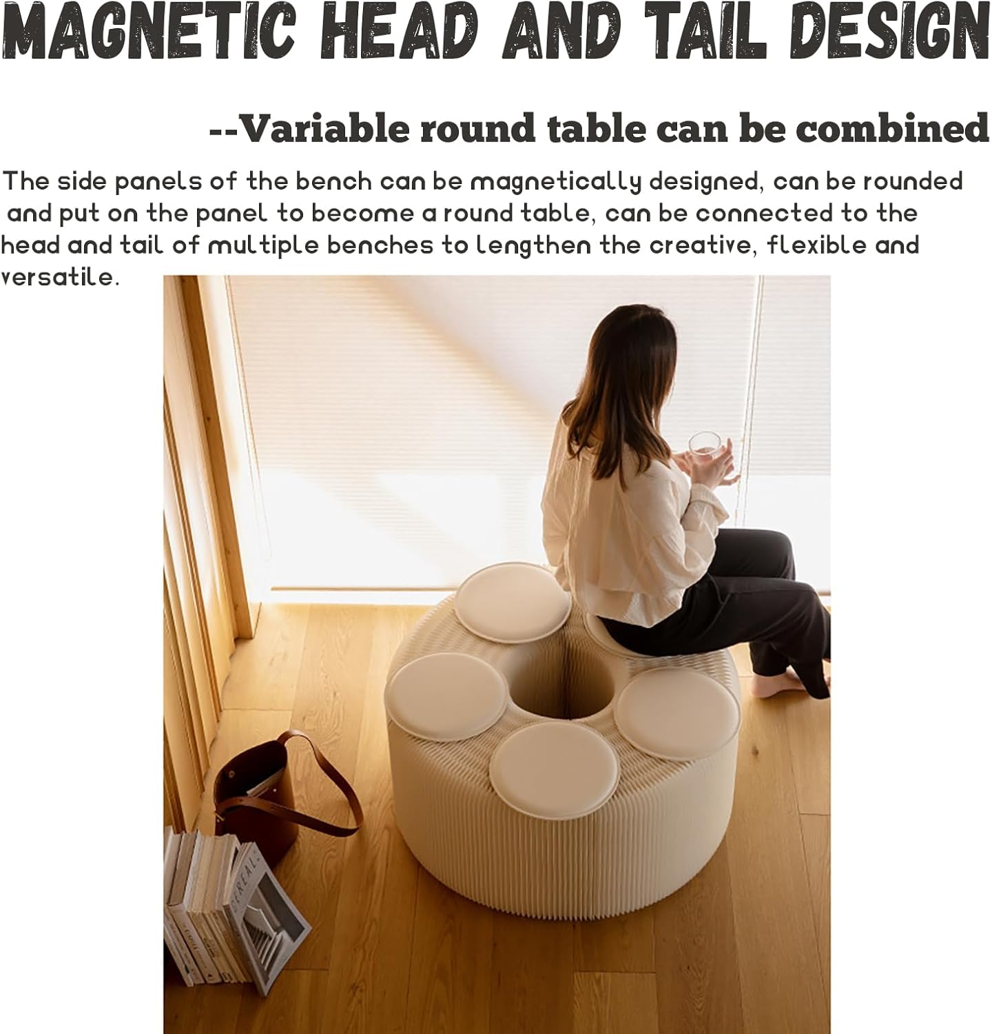 Foldable Kraft Paper Stool, Honeycomb Accordion Folding Bench, Collapsible Paper Stool for Small Spaces, Portable Footrest and Side Table for Living Room and Office,White-30×30×600cm