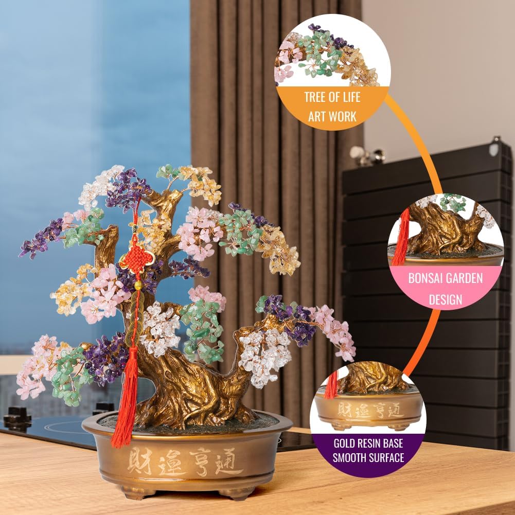Natural Chakra Gemstone Crystal Bonsai Tree of Life(1,350 Gemstone Count) Large Feng Shui Money Tree for Luck and Wealth Desk Decoration 20 Inches