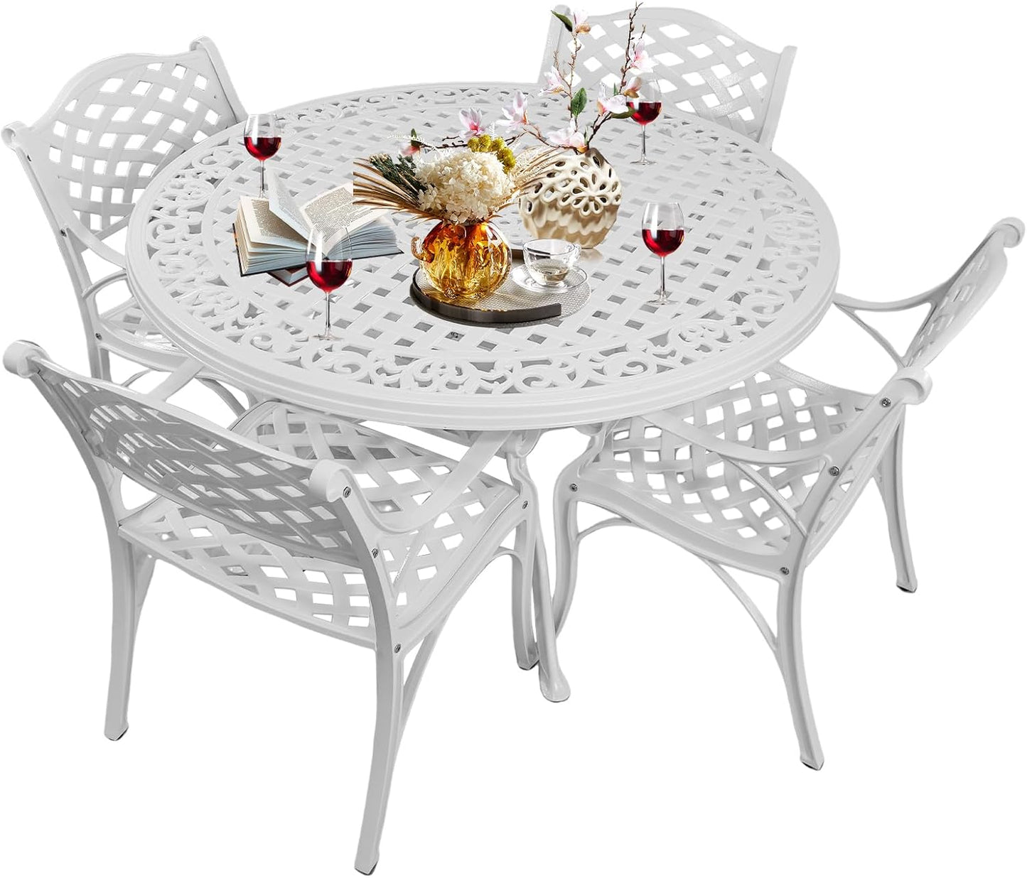 5 Piece Patio Dining Set Outdoor Patio Round Table and Chairs Set of 4 with Umbrella Hole,Cast Aluminum White Outdoor Bistro Dining Set, Patio Furniture Set for Garden,White