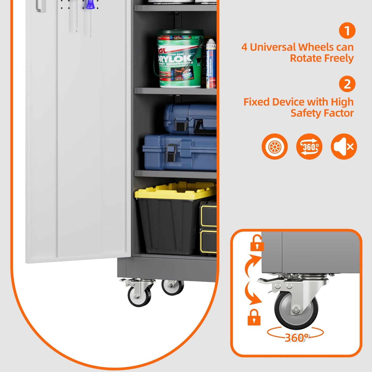 Aobabo 71" H x 32" W x 16" D Metal Storage Cabinet with Wheels, Garage Steel Storage Cabinet with 5 Adjustable Shelves and 4 Hooks for Home Office School, Assembly Required, Grey White