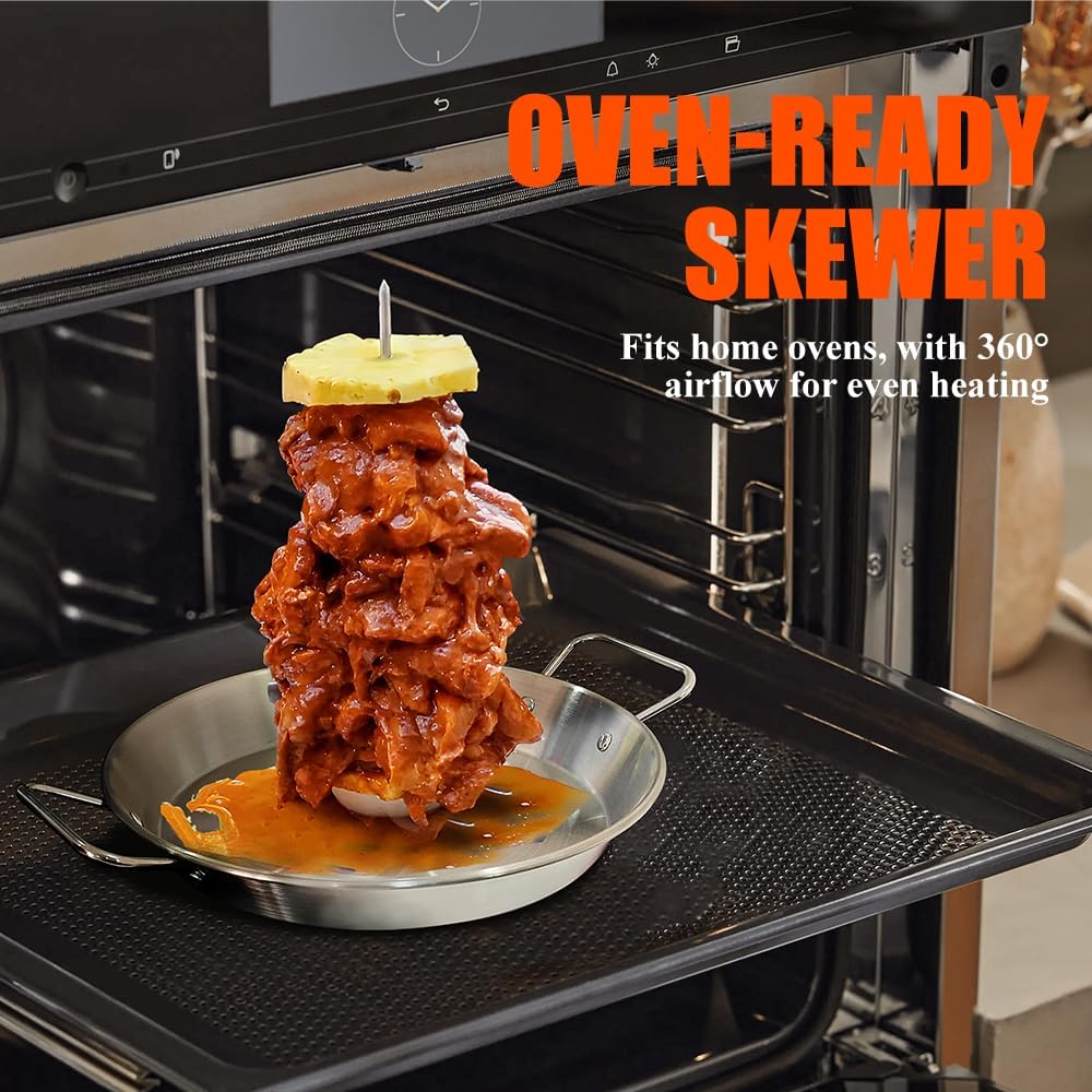 BBQ Vertical Skewer Pan Stainless Steel Gyro Spit Shawarma Stand for oven, Al Pastor Skewer for Grill, El Pastor Hack for Tacos Al Pastor Chicken, Brazilian, with 8",10" stick