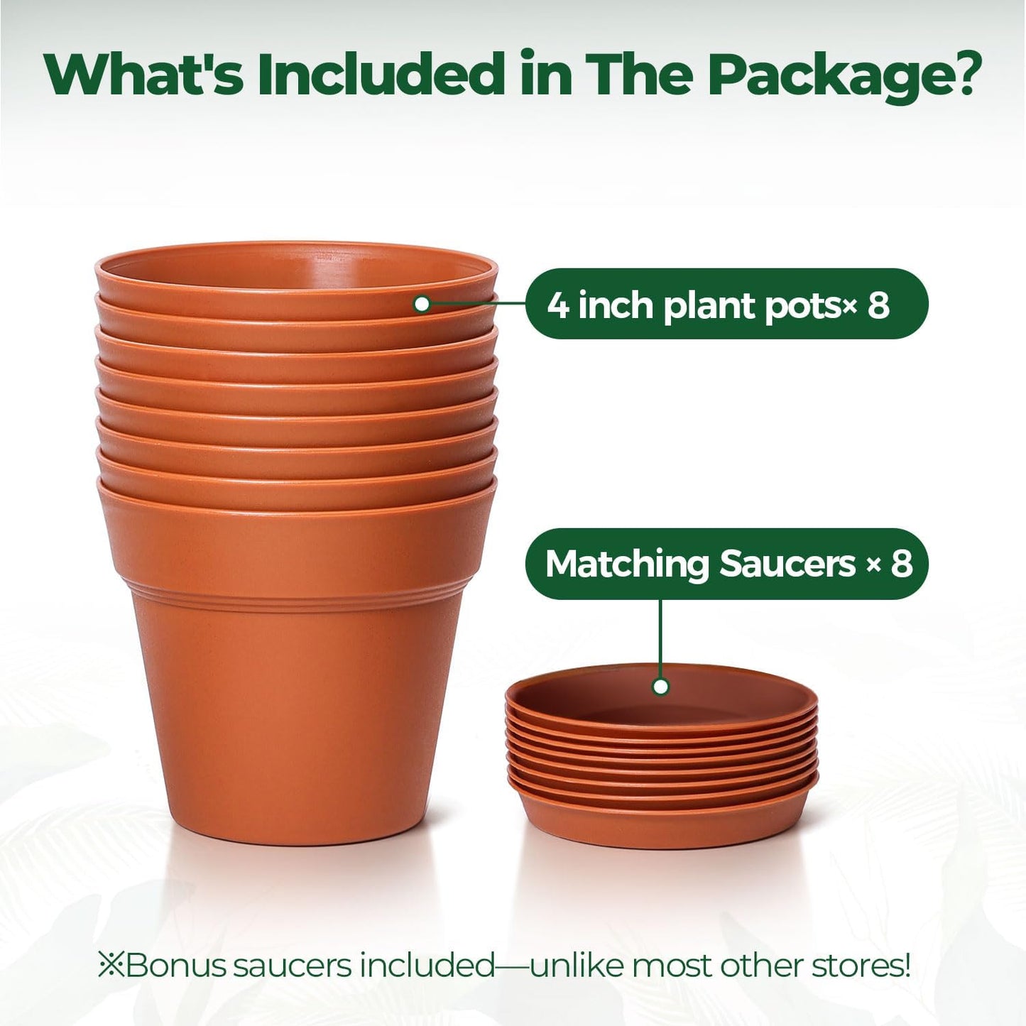 T4U 4 Inch Plant Pots 8-Pack, Small Flower Pots with Drainage Hole and Saucer, Decorative Nursery Pot Bulk for African Violet, Snake Plant, Succulent, Herb and Plants Indoor (8 Pcs 4" Pots)