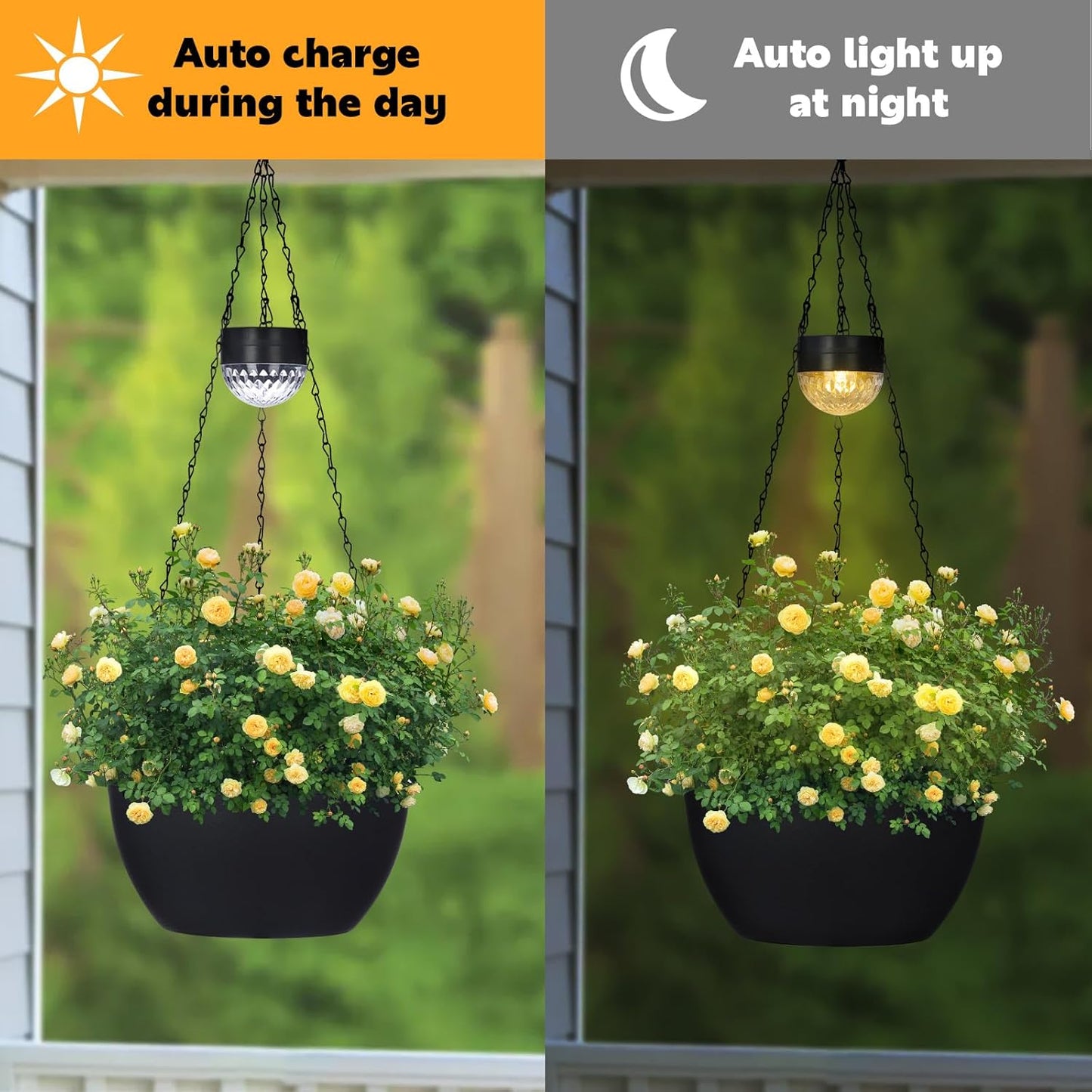2 Packs Hanging Planters Basket for Outdoor Plants, Solar Powered Self Watering Black Round Plastic Flower Pots with Drainer for Balcony Patio Garden Outdoor Decoration