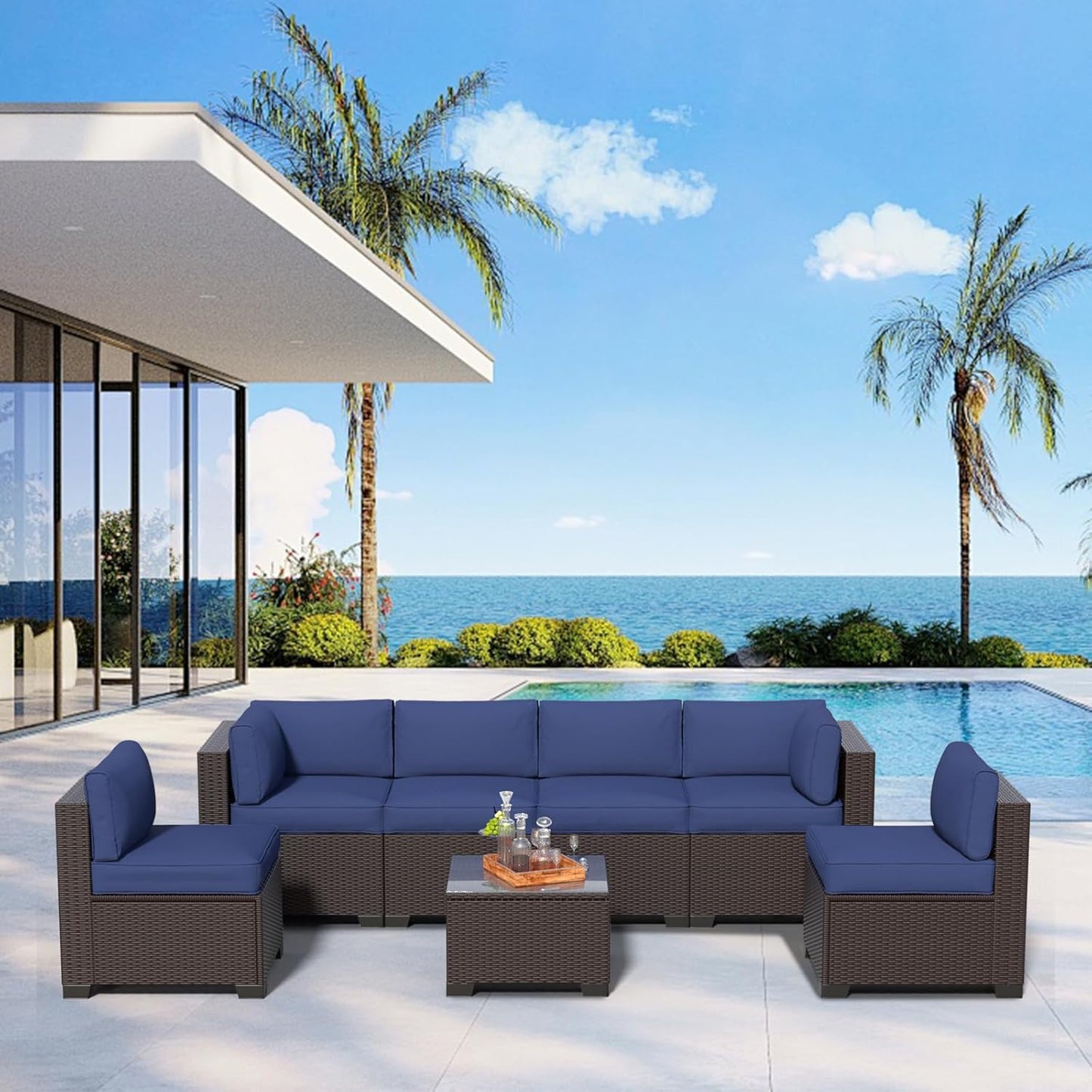 7 Piece Patio Furniture Set, Rattan Outdoor Patio Conversation Sets, Outdoor Sectional Furniture with Waterproof Cushion and Coffee Table, for Deck, Backyard, Garden