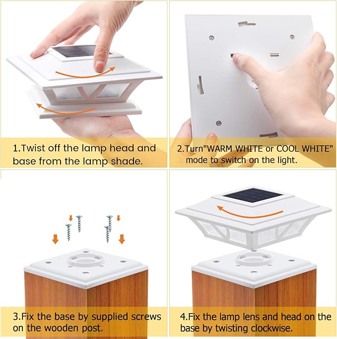 SIEDiNLAR Solar Post Lights Outdoor 2 Modes LED Fence Deck Cap Light for 4x4 5x5 6x6 Posts Garden Patio Decoration Warm White/Cool White Lighting White (8 Pack)