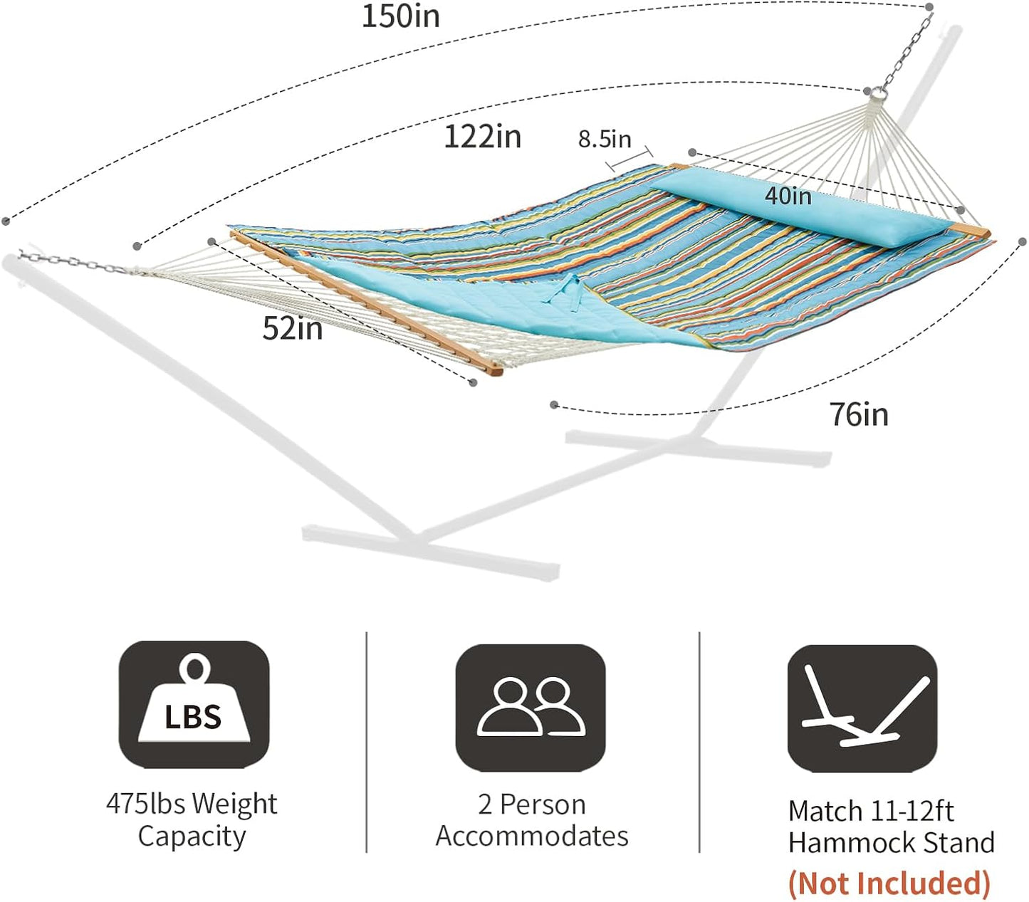 Outdoor Double Hammock with Hardwood Spreader Bars, Large Rope Hammock with Polyester Pad and Pillow, 475 LBS Capacity for 2 Person Patio Backyard Poolside - Bule Stripe