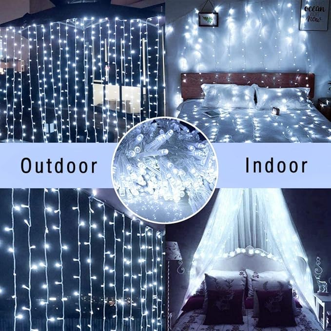 Upgraded Solar Curtain Lights Remote Control, Outdoor Garden Lights 300 LED 8 Modes Remote Control Waterproof Solar Waterfall Fairy String Lights Decoration for Patio Garden Party Wedding (Cool White)