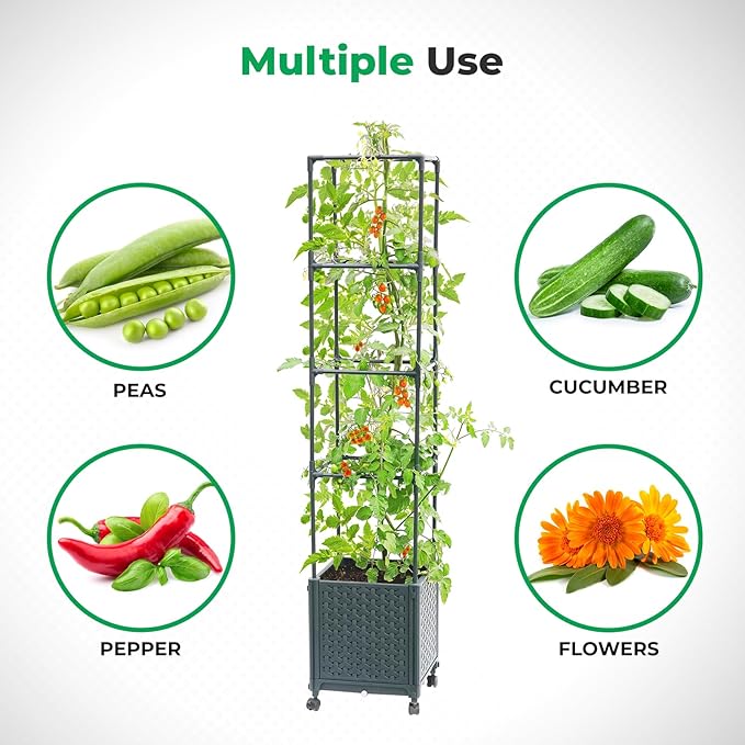 Raised Garden Bed with Tomato Planter Cage, 56.7” Trellis Planter Boxes with Wheels for Outdoor Patio Greenhouse Gardening Climbing Vegetables