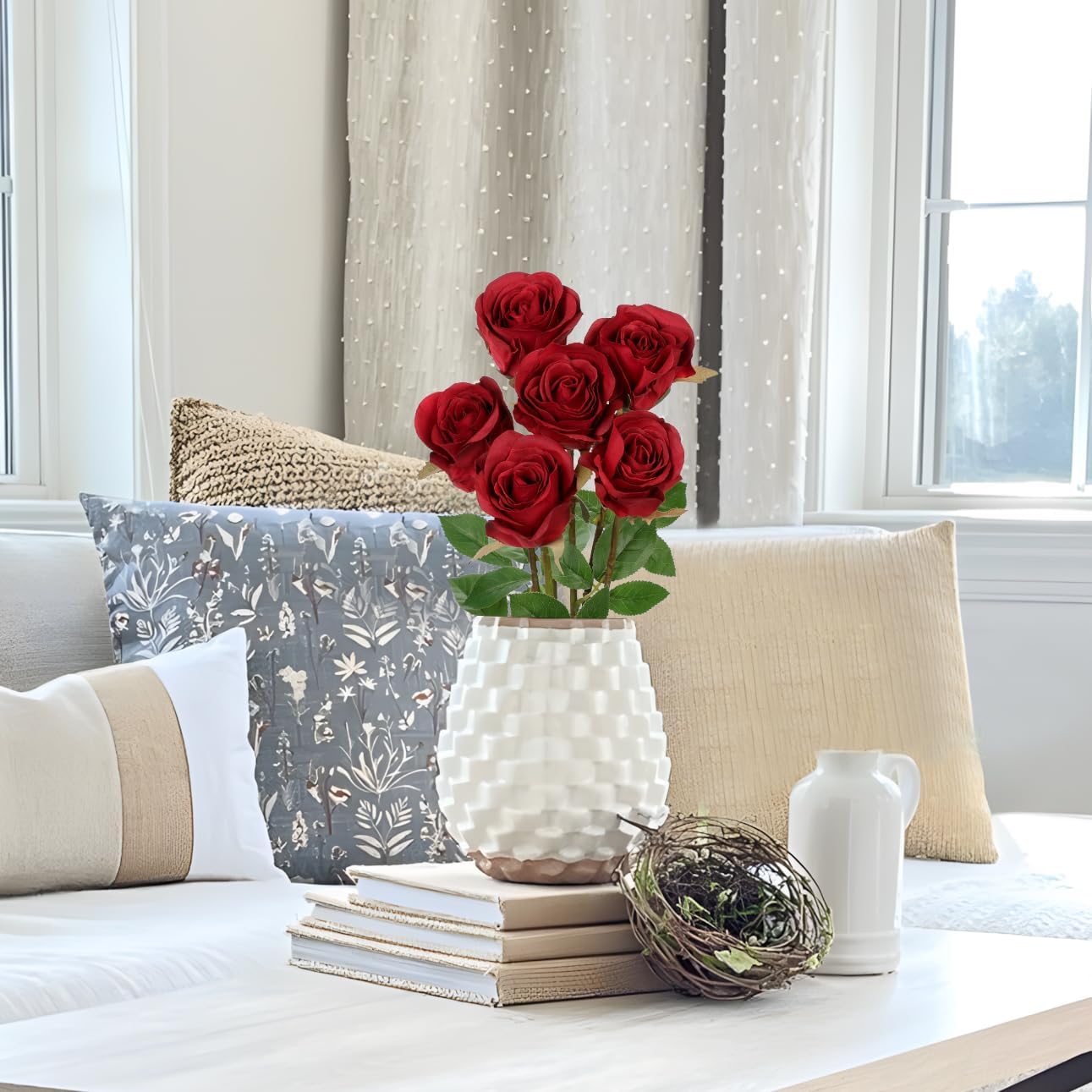 Briful Red Artificial Roses – 6PCS 18.9" Silk Rose Faux Flowers with Long Stems Realistic Fake Rose Bouquet for DIY Wedding Arrangements Table Vase Centerpieces Home Event Decor