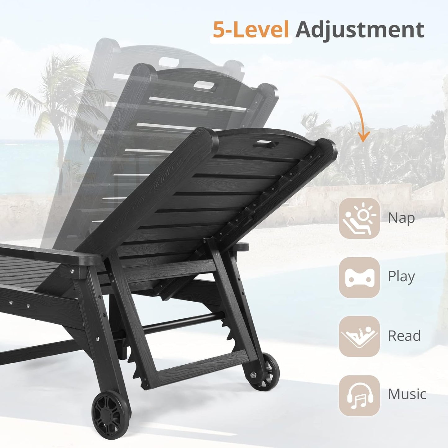 LUE BONA Outdoor Chaise Lounge Chairs Set of 2, 79'' Oversized HDPS Chaise Lounger, 5 Positions Adjustable Lounge Chairs, Pool Lounge Chair with Wheels for Poolside, Backyard, 3 Year Warranty, Black