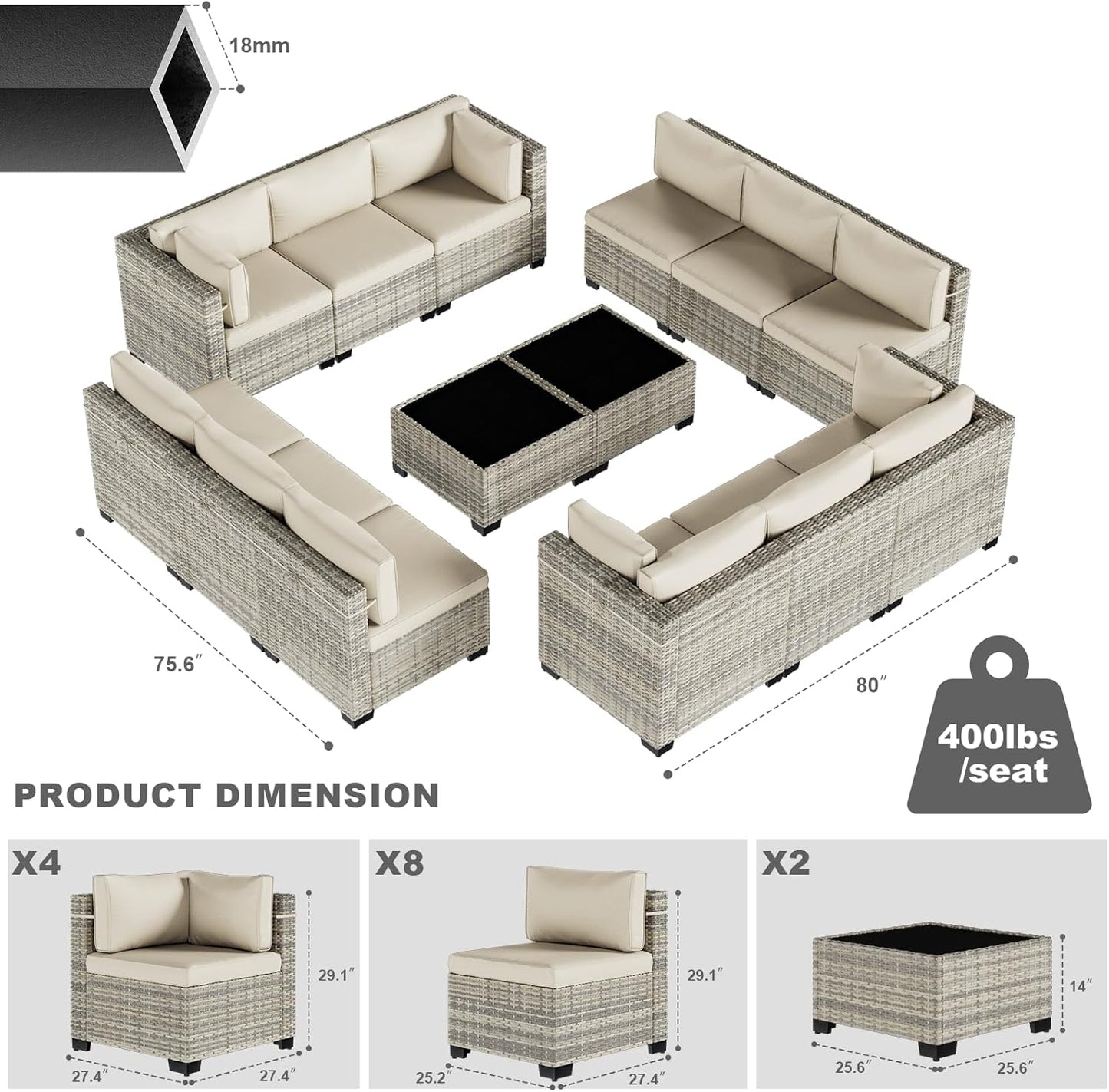 14-Piece Patio Furniture Set, Outdoor Sectional with Thick Cushions, Modular Patio Sofa, Dual-Strand Wicker Rattan, Rust-Resistant Frame, Backyard Furniture for Garden, Deck, Ivory
