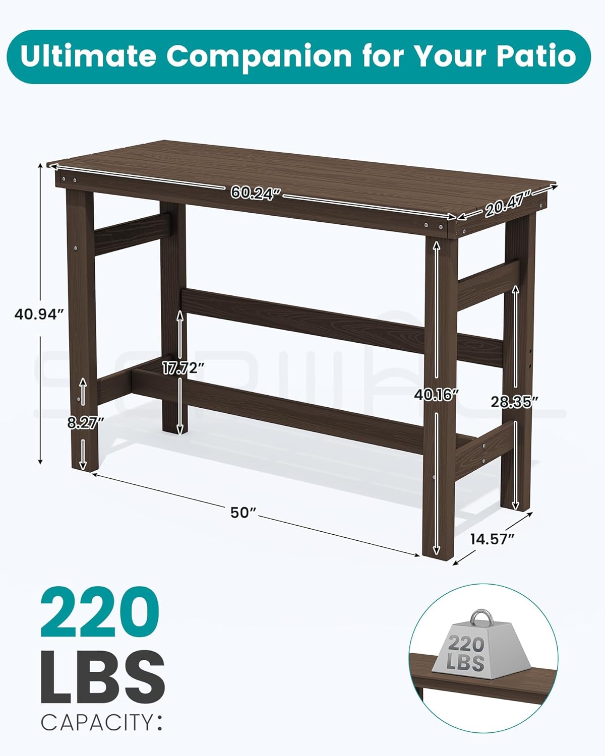 SERWALL 41" Outdoor Bar Table, HDPE Patio Bar Counter Height Table, All Weather Adirondack Outdoor Bar Height Table, Rectangle Patio Bar Table for Outside, Garden, Backyard, Balcony, Poolside, Coffee