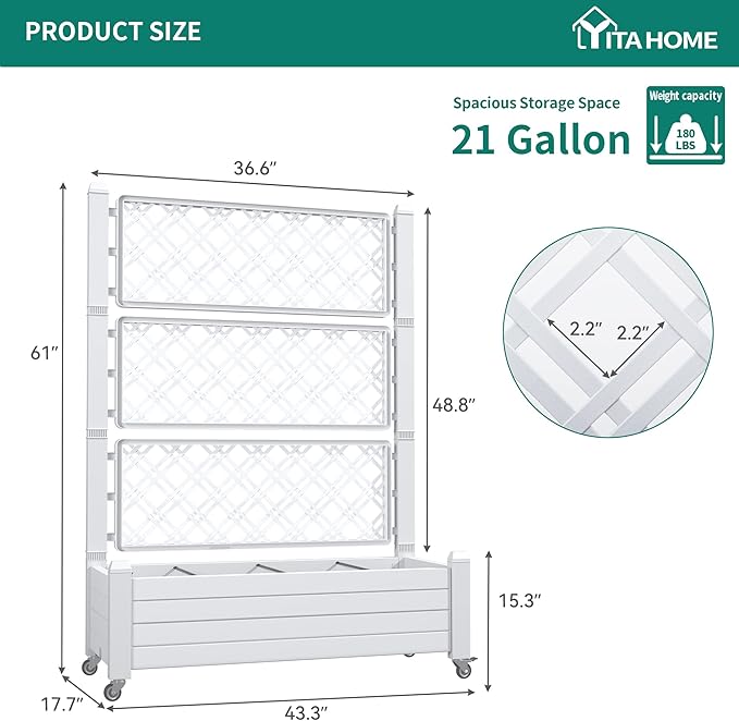 YITAHOME 43.3x17.7x61 in Planter Trellis Box with Wheels & Drain Plug, Outdoor Resin Raised Garden Bed for Climbing Plants, Large Weather-Resistant Design, Grayish-White