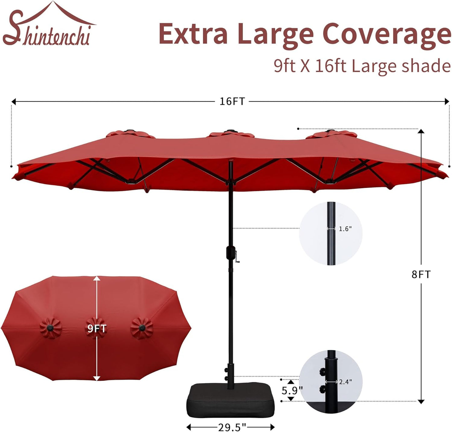 Shintenchi 16FT Large Patio Umbrella with Base, Outdoor Double-Sided Rectangular Umbrella, Market Umbrella with Crank Handle for Poolside Lawn Garden, Red