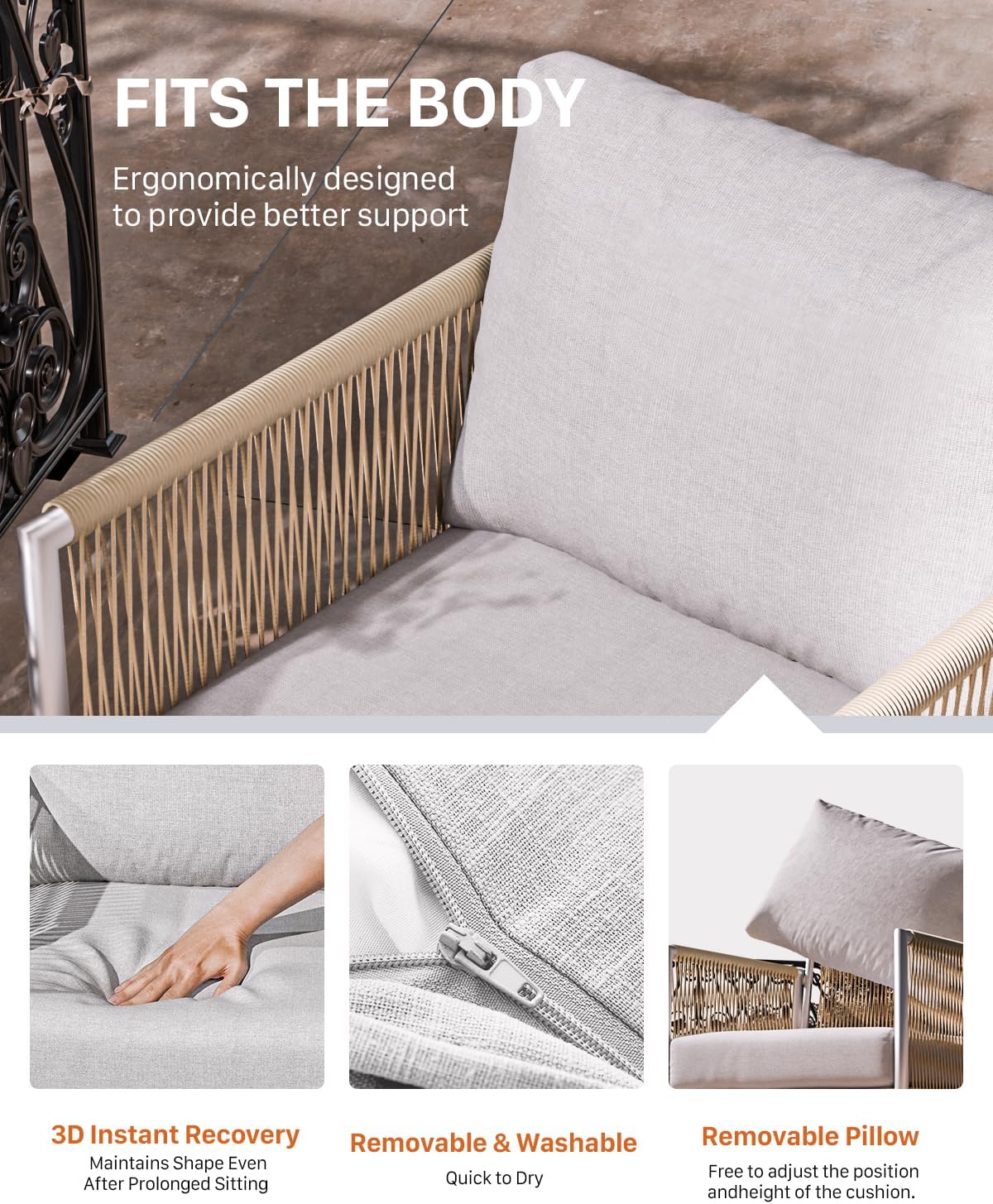 ZANDOR Aluminum Outdoor Patio Furniture 2 Pcs Armchair, All-Weather Metal Modern Outside Furniture with Washable Thick Cushion, HDPE Woven Rope Rattan Bistro Sofa Chair, Garden/Backyard/Porch, Silver