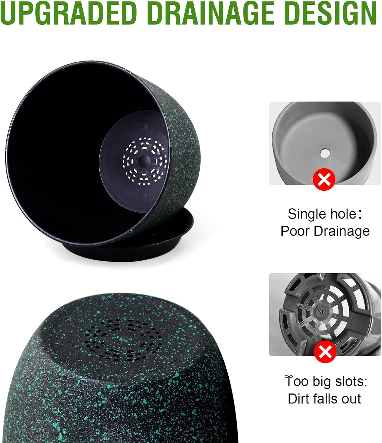 Plant Pots 9/8/7.5inch, Set of 3 Modern Decorative Plastic Planters with Drainage Holes and Saucer for Garden House Plants, Flower Pots for Indoor Outdoor Plants, Black with Green Speckles