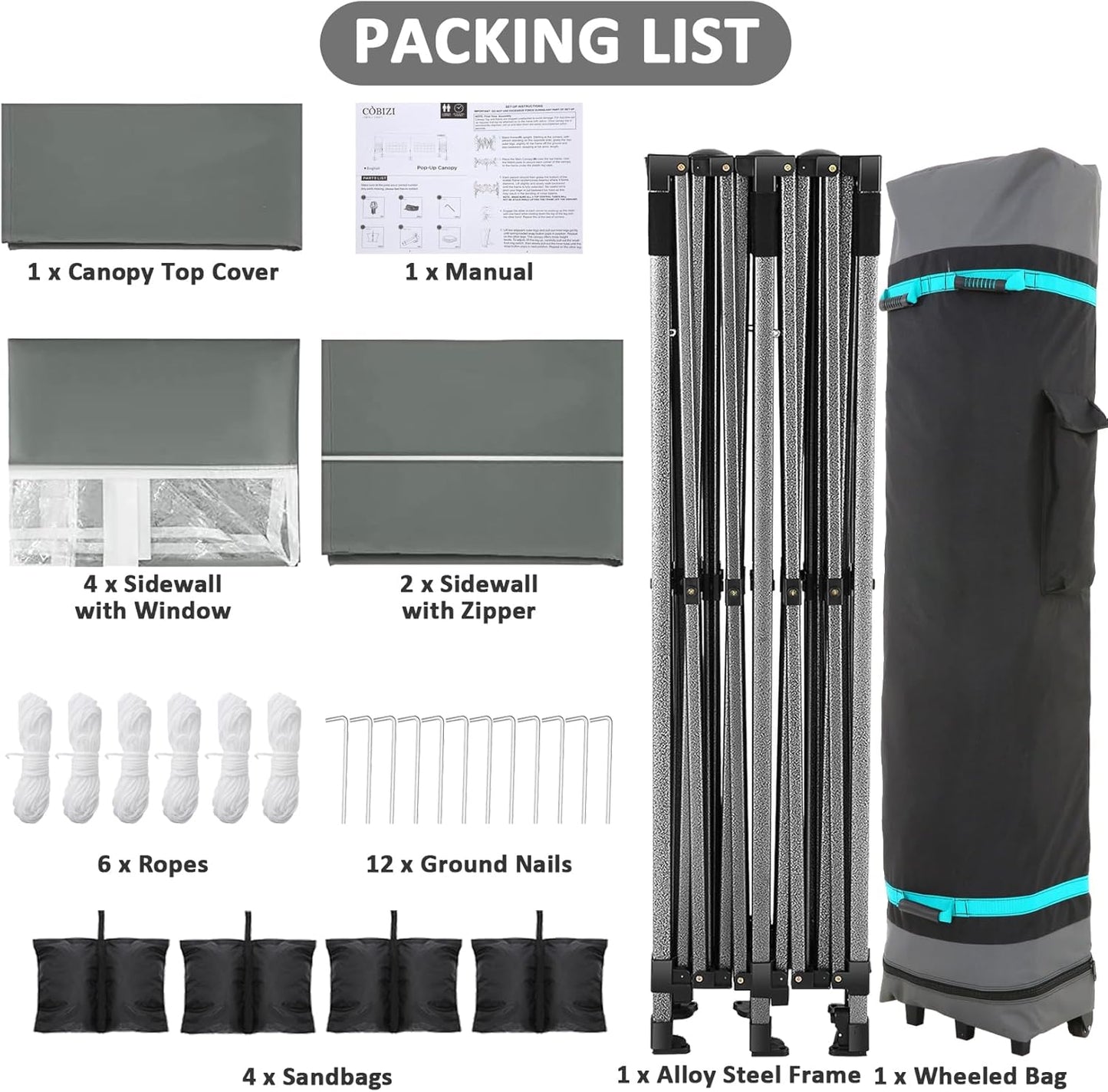 COBIZI 10x20 Pop Up Canopy with 6 Sidewall,Heavy Duty Canopy UPF 50+ All Season Wind Waterproof Commercial Outdoor Wedding Party Tents for Parties Canopy Gazebo with Roller Bag(10 x 20 ft Gray)