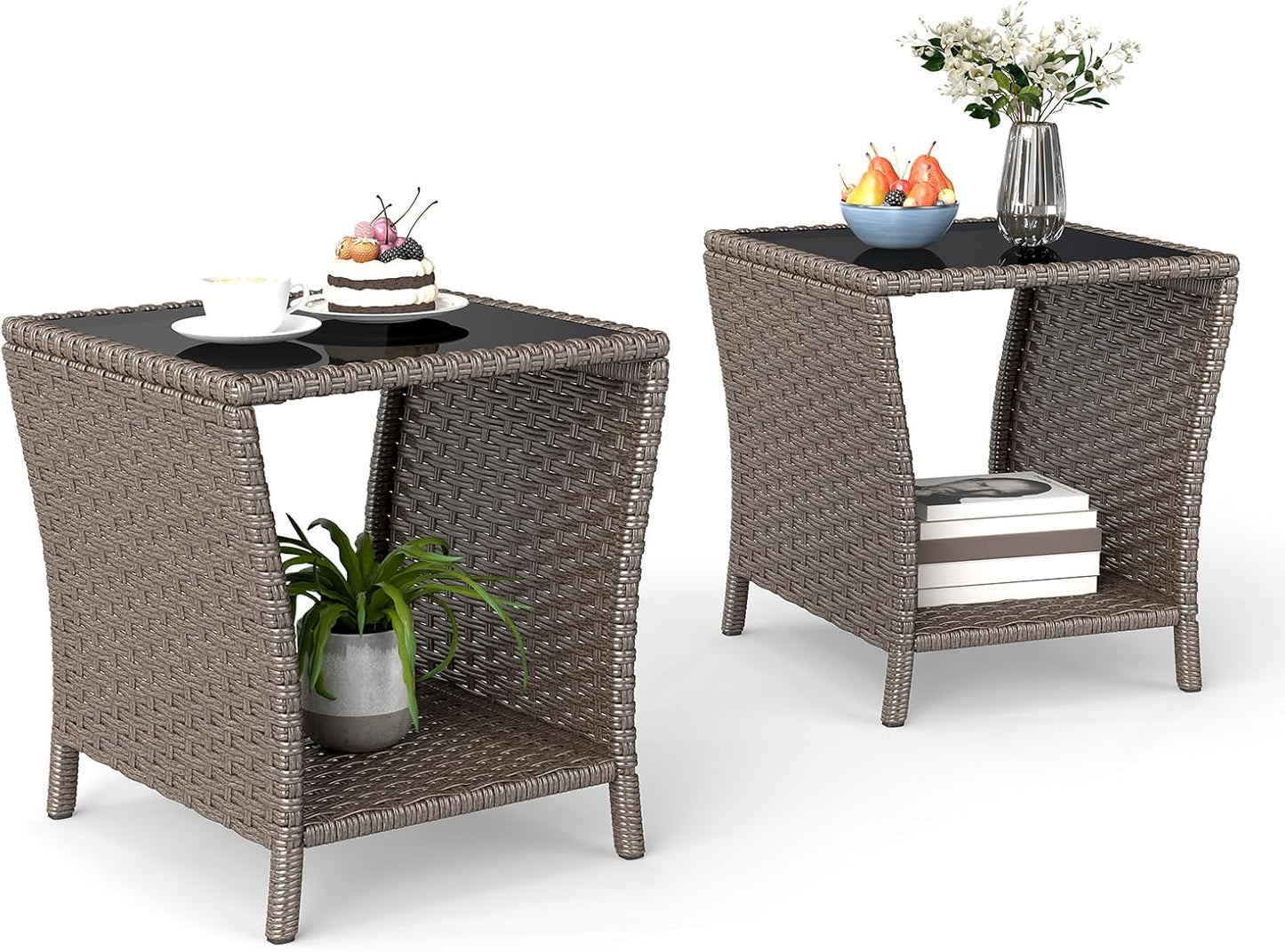 Outdoor Small Patio Table - PE Rattan Coffee Table, Wicker Side Table for Patio, Balcony & Porch, Durable & Iron Frame (2, Dark Brown)