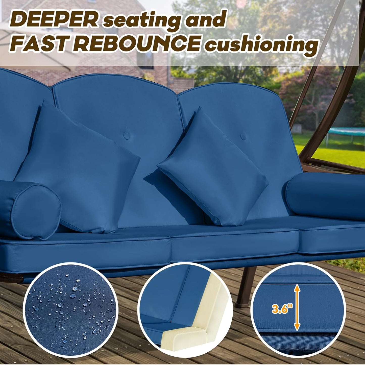 3 in 1 Outdoor Porch Swing with Adjustable Canopy, 3 Seat Outdoor Swing for Adults, Patio Swing Chair with Thickened Cushions,Pillows & Cup Holders for Backyard, Porch, Garden (Blue)