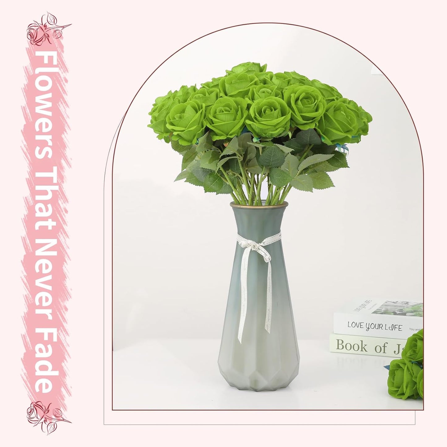 55 PCS Fake Roses Artificial Flowers Bulk, Green Roses Bridal Bouquet Silk Faux Rose with Stems for Wedding Flowers Decoration, Valentine's Day, Bridal Bouquet, Anniversary,Home Decor (55PCS, Green)