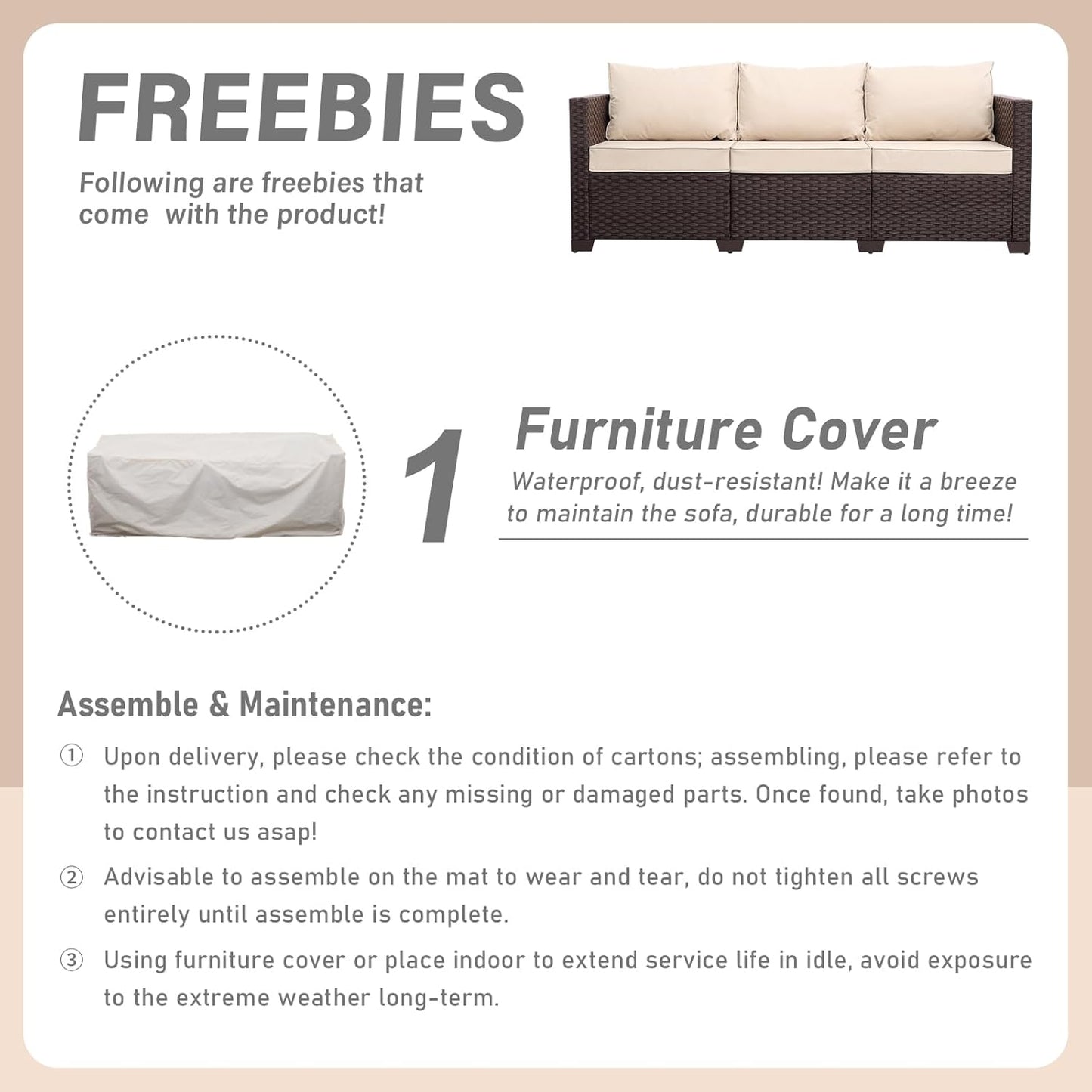 Patio Furniture 3-seat Sofa Wicker Outdoor Furniture Outdoor Couch Deep Seat Hight Backrest Non-Slip Cushions, Khaki