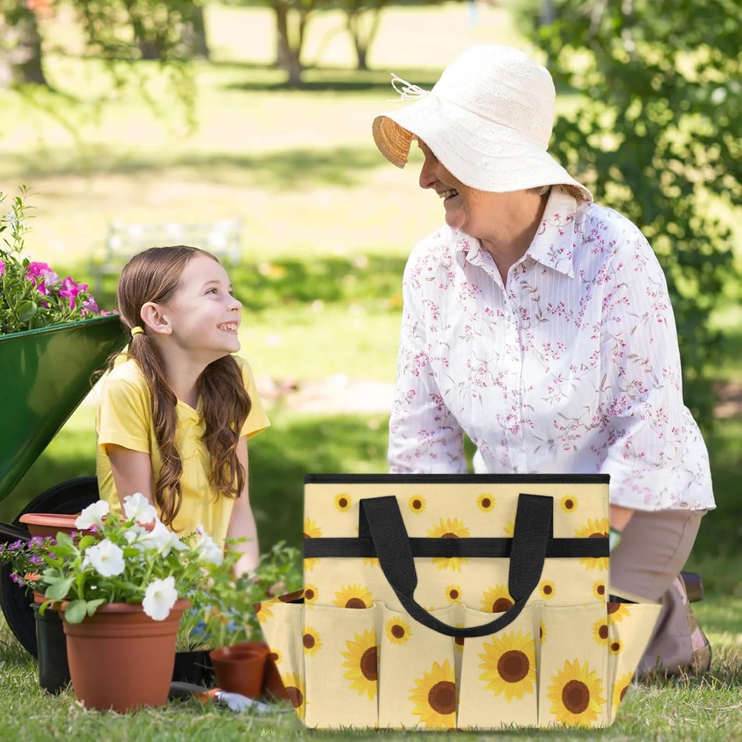 Sunflower Gardening Tool Bag,Heavy Duty Garden Tote Bag,Portable Oxford Gardening Storage Basket Organizer Handbag with Pockets Handle,Hand Tools Gifts for Outdoor Garden Lawn Yard