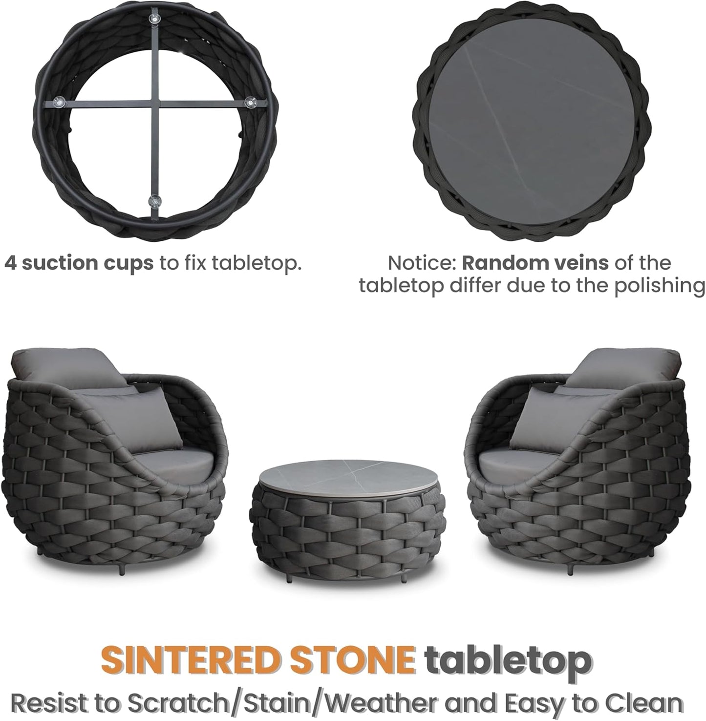 Front Porch Furniture Set 3 Piece: Aluminum Woven Rope Patio Conversation Sofa Set for 2 - Assembled Outdoor Couch Armchair Set Cushions - for 400lb Deck Balcony Pool Yard Hotel - Dark Gray