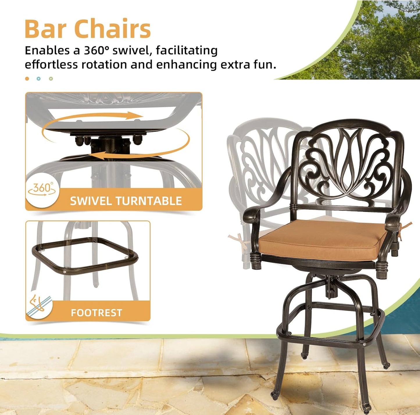3 Pieces Patio Swivel Bar Set, Patio High Top Bar Table and Chairs Set, All-Weather Cast Aluminum High Swivel Bar Stools Chair Set of 2 and 35.4" Table, Patio Bistro Set for Garden,Balcony