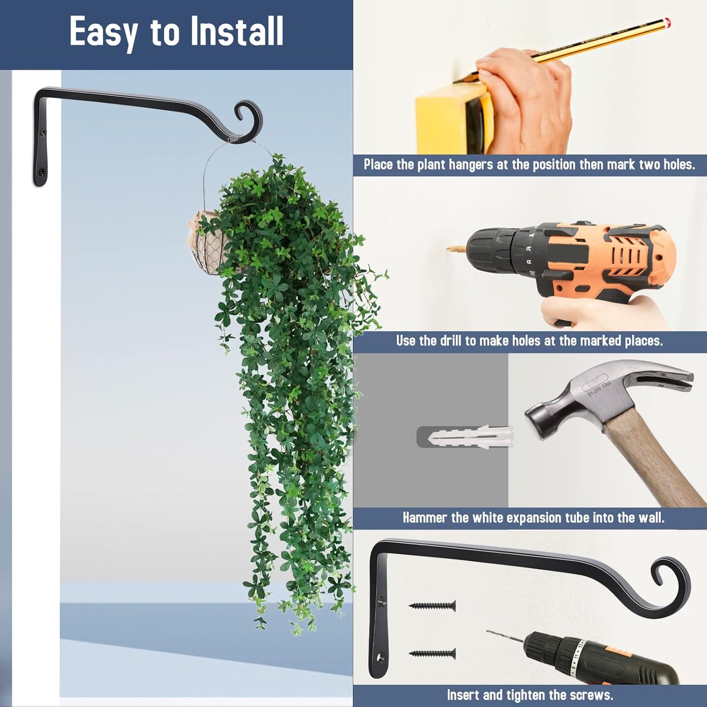 FEED GARDEN Wall Hook Hanging Plant Bracket 10 Inch 2 Pack, Hand-Forged Plant Hanger for Hanging Bird Feeders, Wind Chimes, Flower Baskets, Yoga Mat, Indoor/Outdoor Use, Black