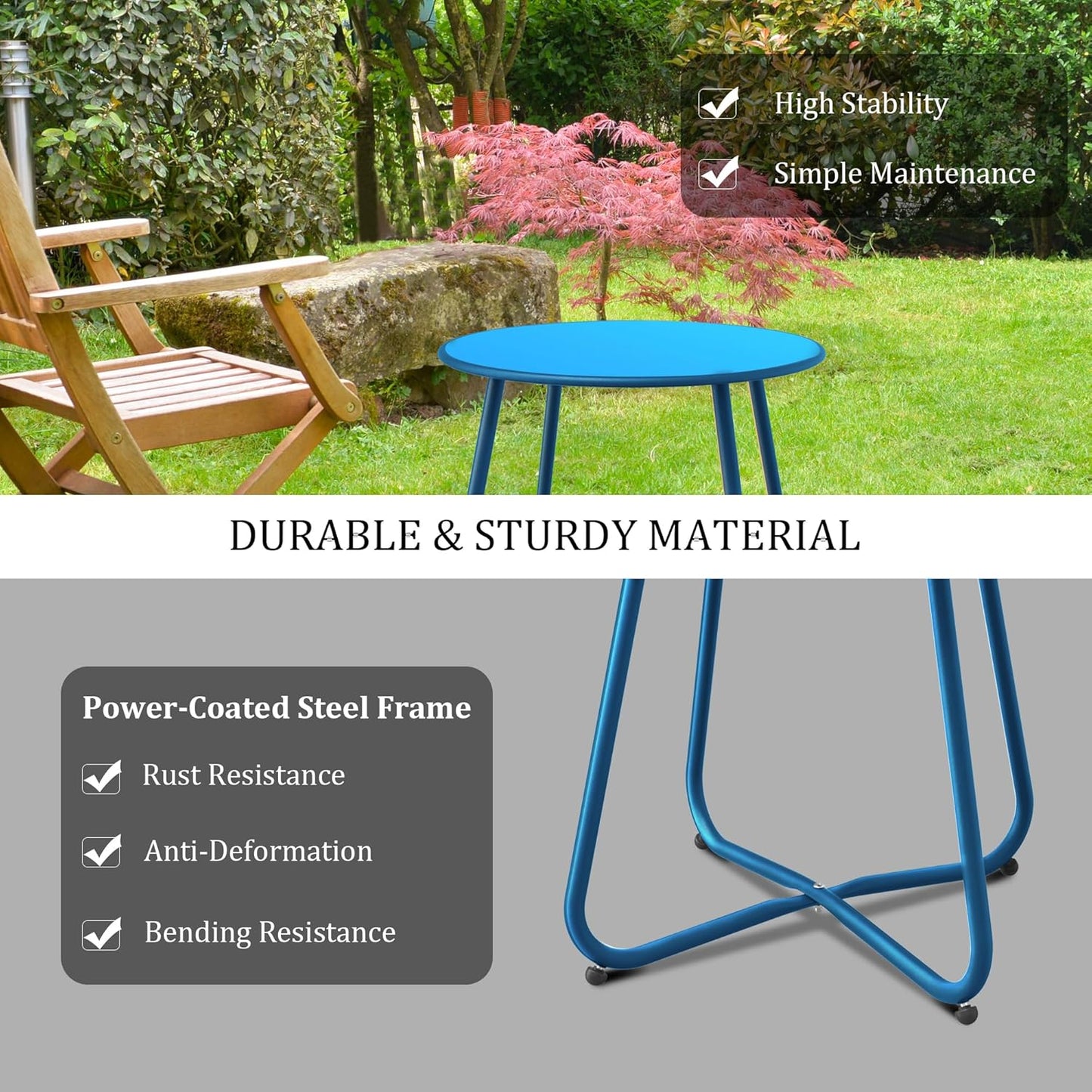 Patio Side Table, Round Metal Steel Weather Resistant Portable Patio Table, Outdoor and Indoor Patio Small Table for Garden Balcony Yard, Peacock Blue
