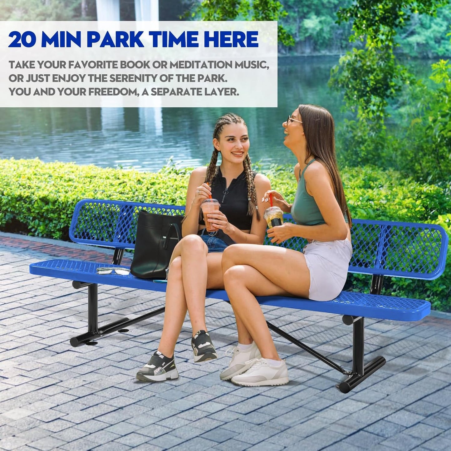 Outdoor Garden Bench, Cast Iron Metal Frame Patio Park Bench with Backrest, Portable Expanded Metal Black Bench, Commercial-Grade Outdoor Seating for Lawn, Patio, Park, Yard, Garden (Blue, 8FT/96'')