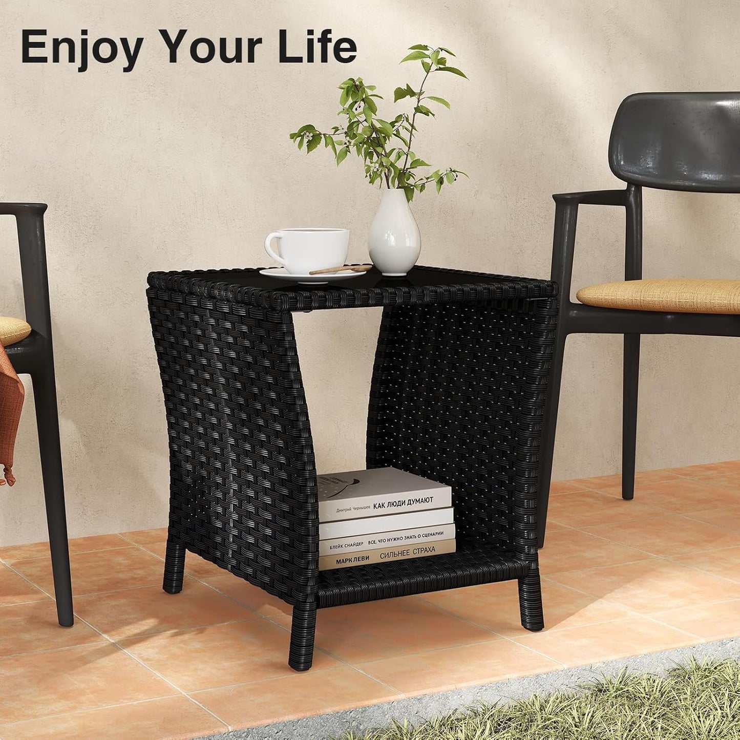 Outdoor Small Patio Table - PE Rattan Coffee Table, Wicker Side Table for Patio, Balcony & Porch, Durable & Iron Frame (1, Black)