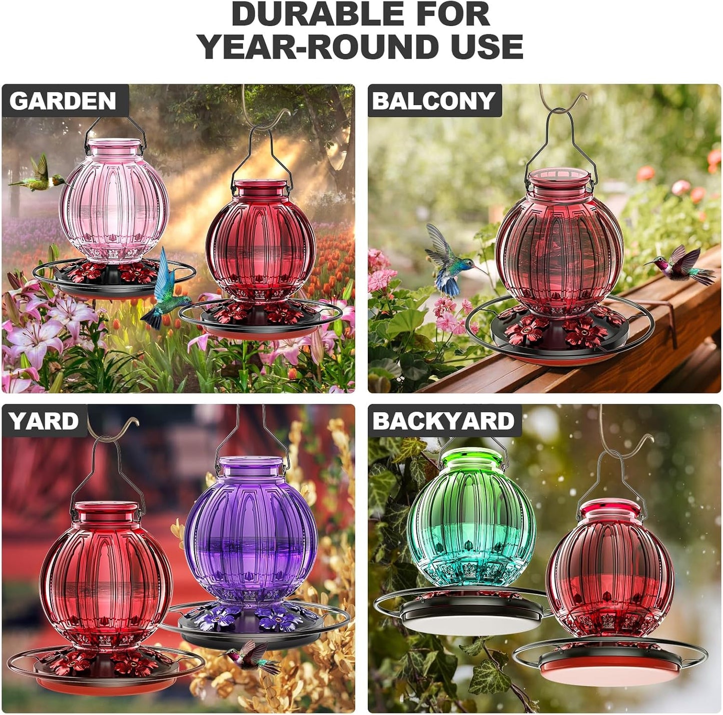 2 Pack Glass Hummingbird Feeder for Outdoors Hanging, Bird Nectar Feeder with Perch & 5 Flower Feeding Ports, 26 Oz Leak Proof for Outside Garden Decor Backyard, Gifts for Women Mom, Purple