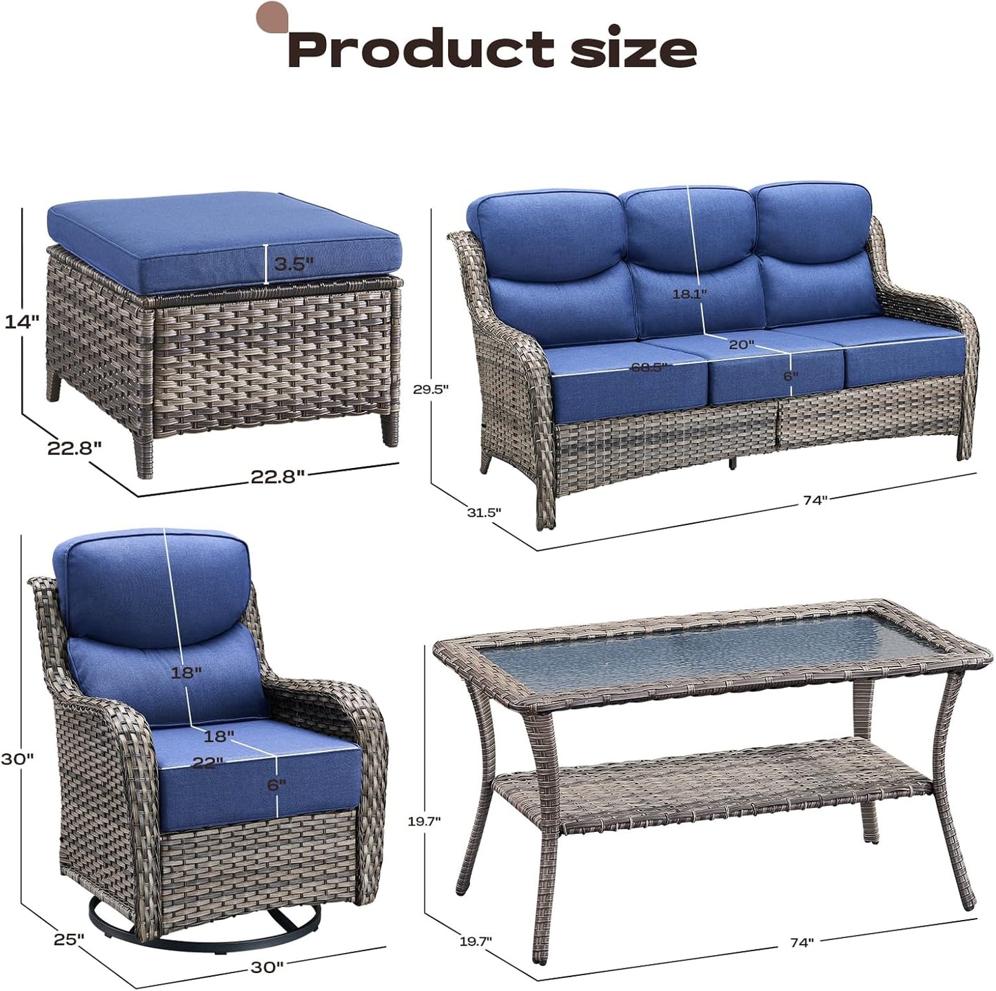 Wicker Outdoor Patio Furniture Set - 6 Piece Patio Conversation Sets with Swivel Rocker Chairs, Ottomans, Sofa and Table, 6 inch Cushions, Deep Seating, for Porch Deck Mixed Grey/Blue