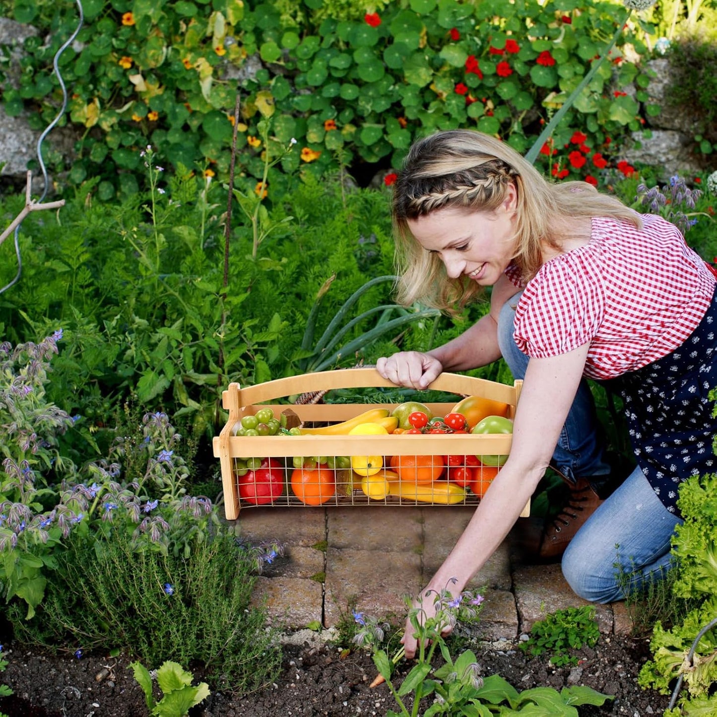 Large Garden Hod Harvest Basket 19 x 11 x 6 Inch, Wooden Gathering Basket with Handle Gardening Gifts for Mom Father Grandma Women Gardener Birthday Washing and Holding Fruit Vegetable