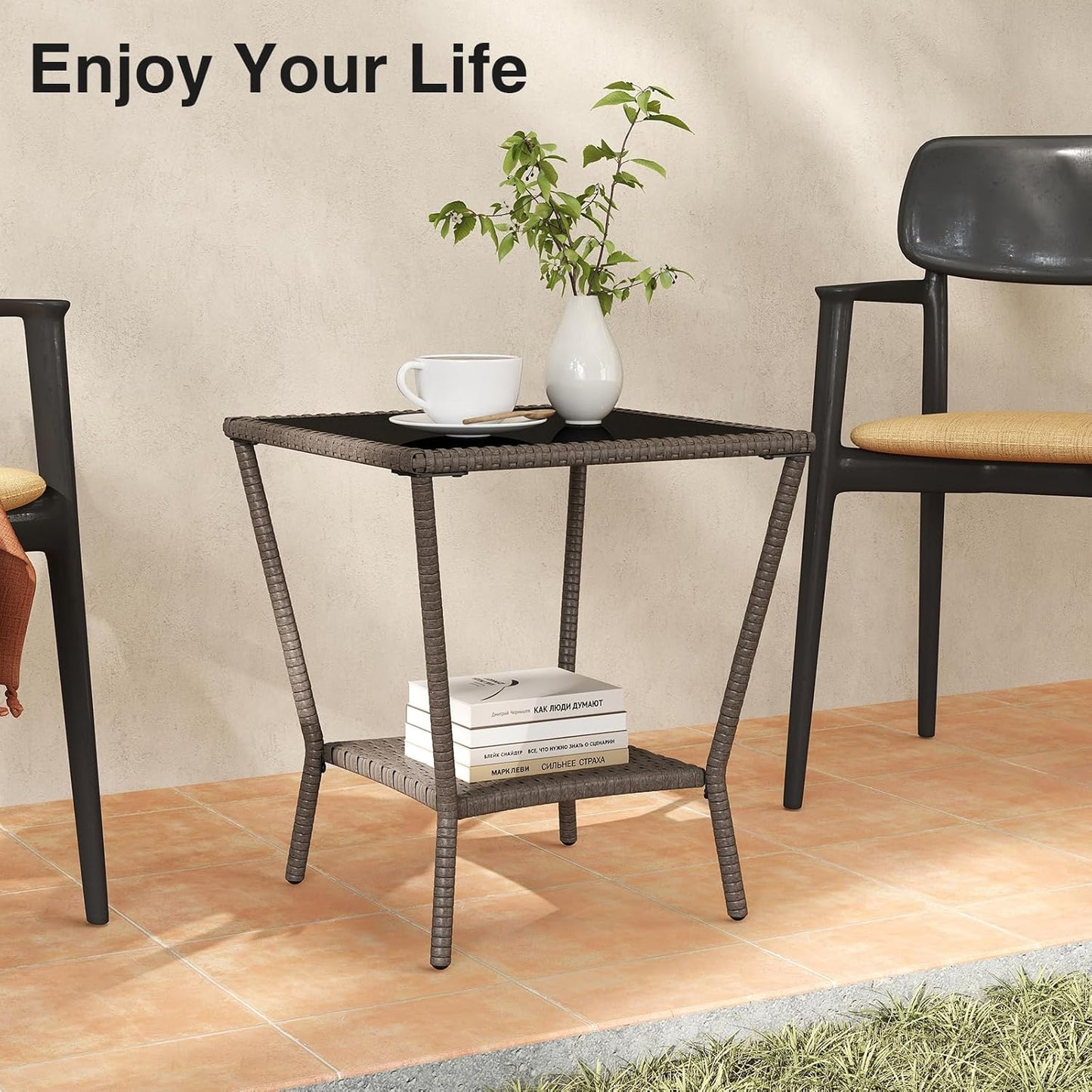 Outdoor Small Patio Table - PE Rattan Coffee Table, Wicker Side Table for Patio, Balcony & Porch, Durable & Iron Frame (2, Sesame Brown)