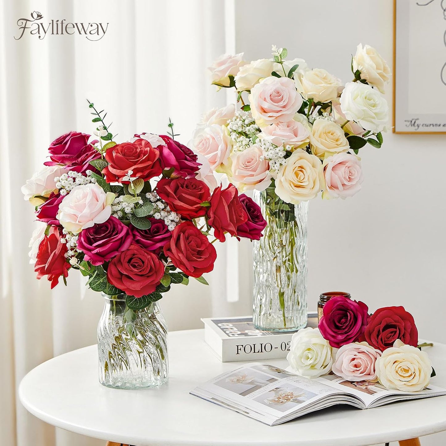 20PCS Artificial Roses Flowers, 3.9'' Silk Flower Head Fake Champagne Rose with Long Stems, Realistic Faux Roses Bouquet for DIY Wedding Home Party Office Decoration