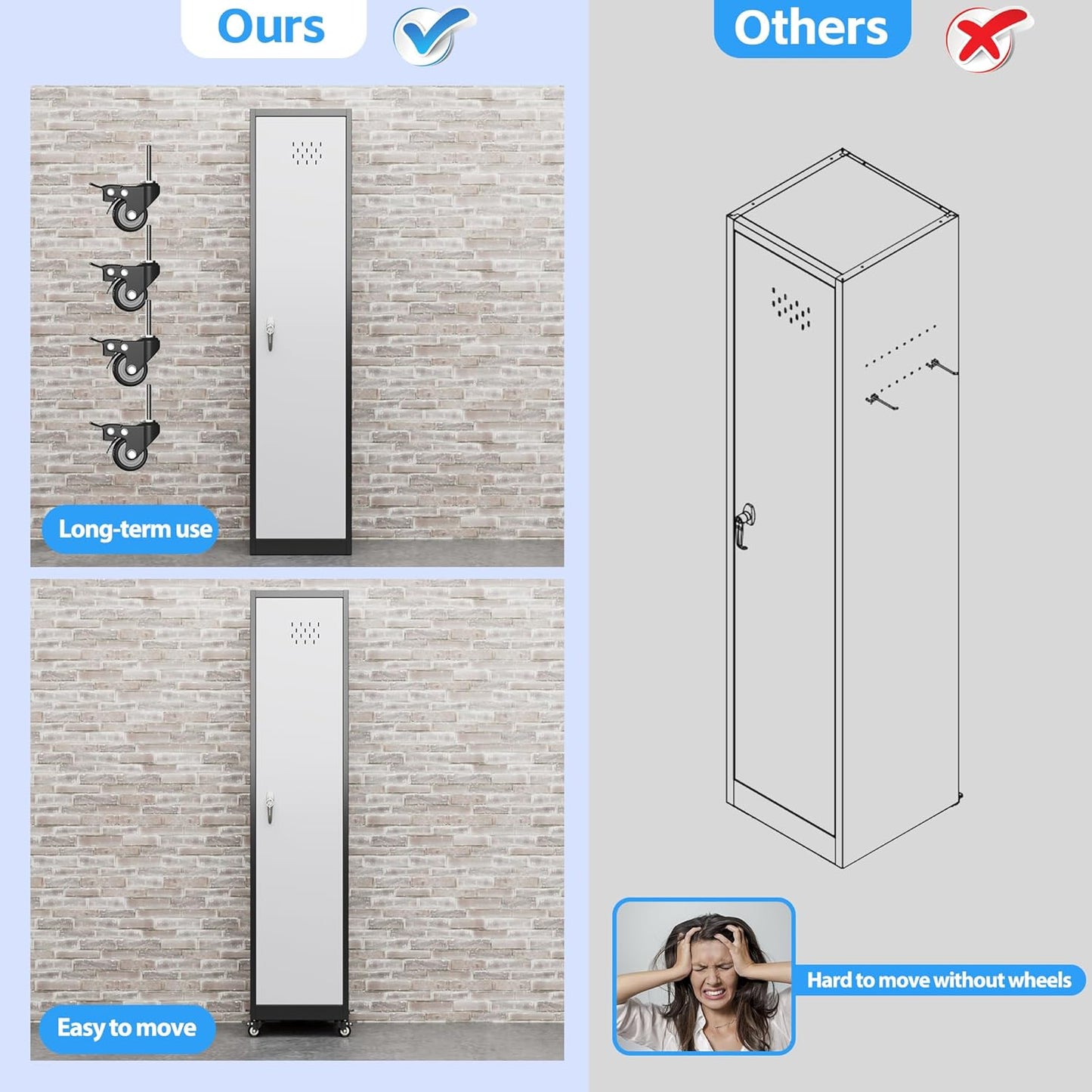 72''H Metal Broom Closet Storage Cabinet with Wheels & Pegboards, Mops Broom Closet Organizer with Locking Door & Hanging Rod,Cleaning Tool Garage Cabinet,Assembly Required,Black White