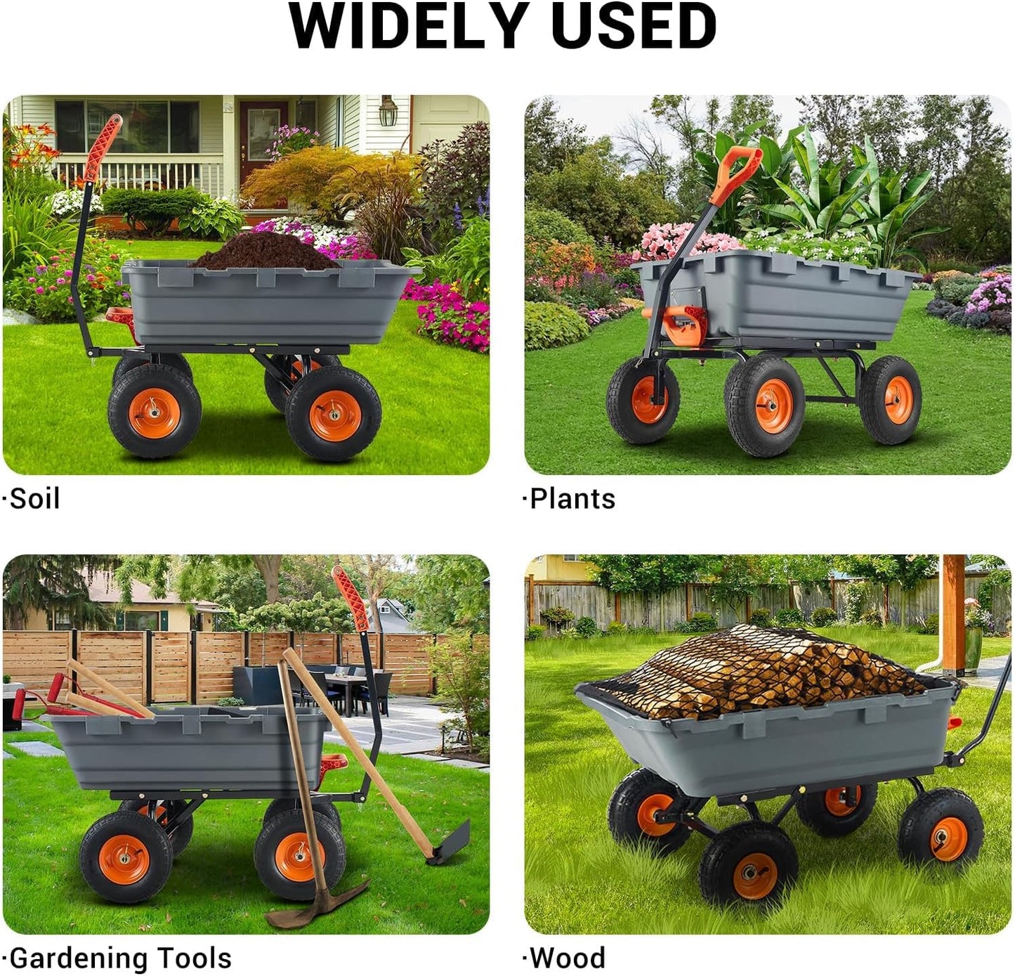 800 lbs Poly Garden Dump Cart, Heavy-Duty Wheelbarrow with 10-Inch Tires, 180° Rotating Handle, Steel Frame and Quick Release System Garden Dump Cart for Soil Plants Gardening Tools Wood