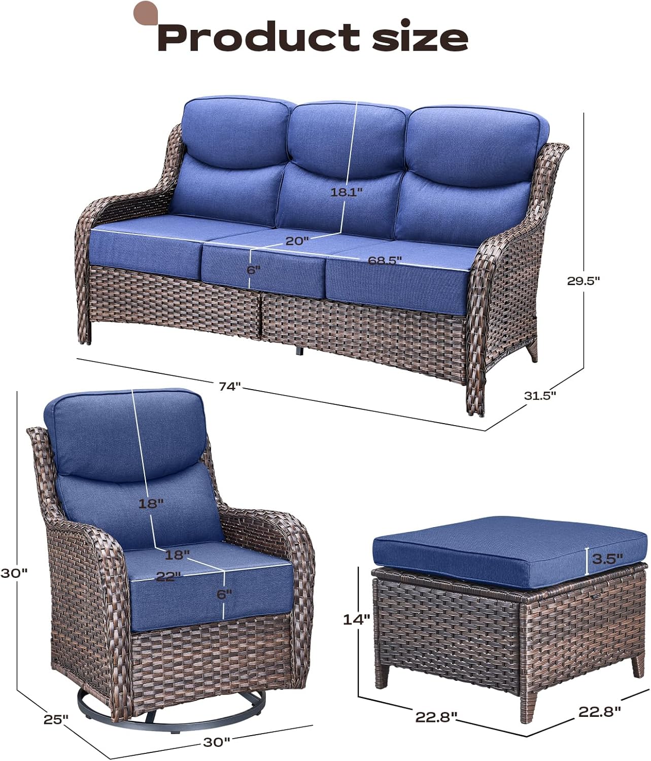 Wicker Outdoor Patio Furniture Set - 5 Piece Patio Conversation Sets with Swivel Rocker Chairs, Ottomans and Sofa, 6 inch Cushions, Waterproof Wicker, for Porch Deck Brown/Blue