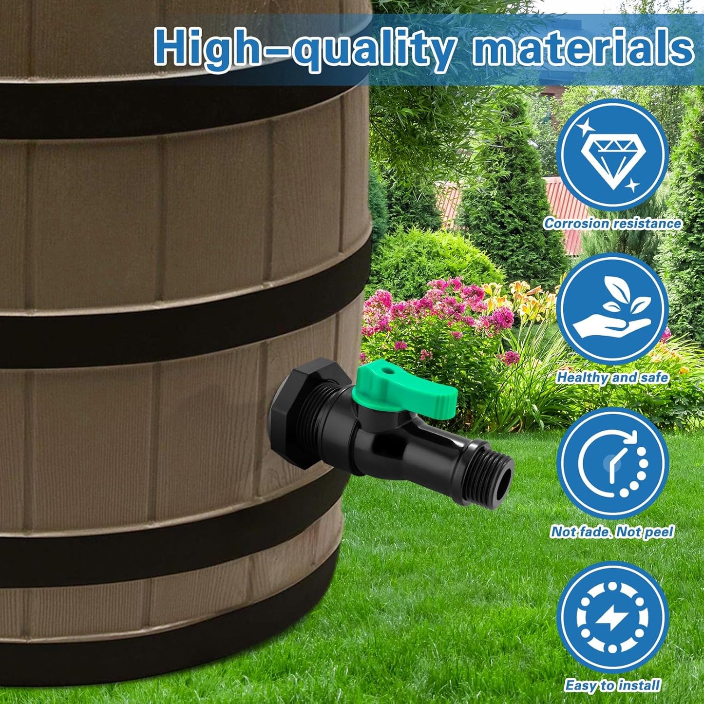 Plastics Rain Barrel Spigot Kit,High Flow Valve Core Water Tank Faucet+PVC Bulkhead Fitting,Straight Head 3/4 NPT to 3/4 GHT Rain Barrel Spigot for Plastic Bucket rainwater Drum Container