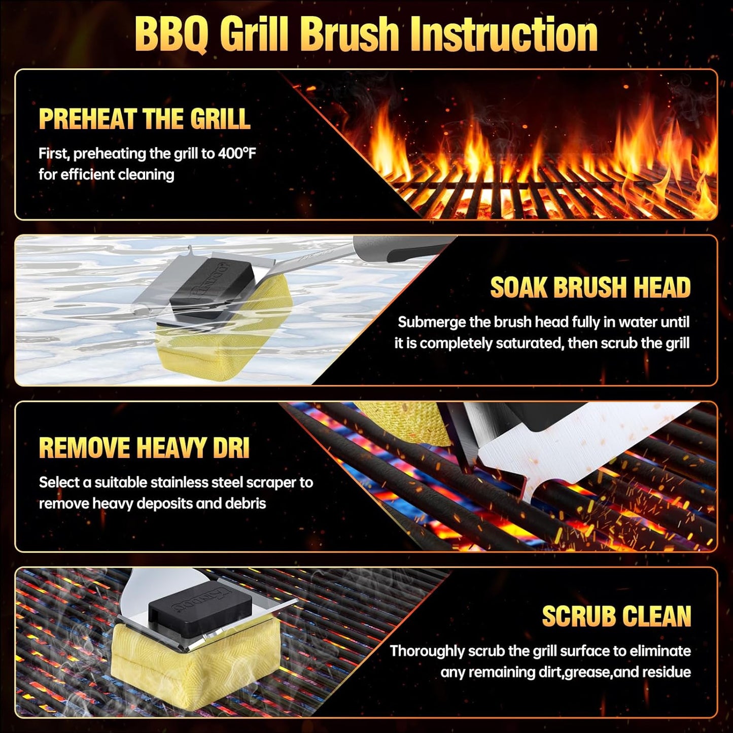 Grill Cleaning Brush Bristle Free for Outdoor Grill Brush Extended Handle for Cast Iron Stainless-Steel Grates, Replaceable BBQ Cleaner Brush Head, Steam Safe Grill Brush with Scraper, Black