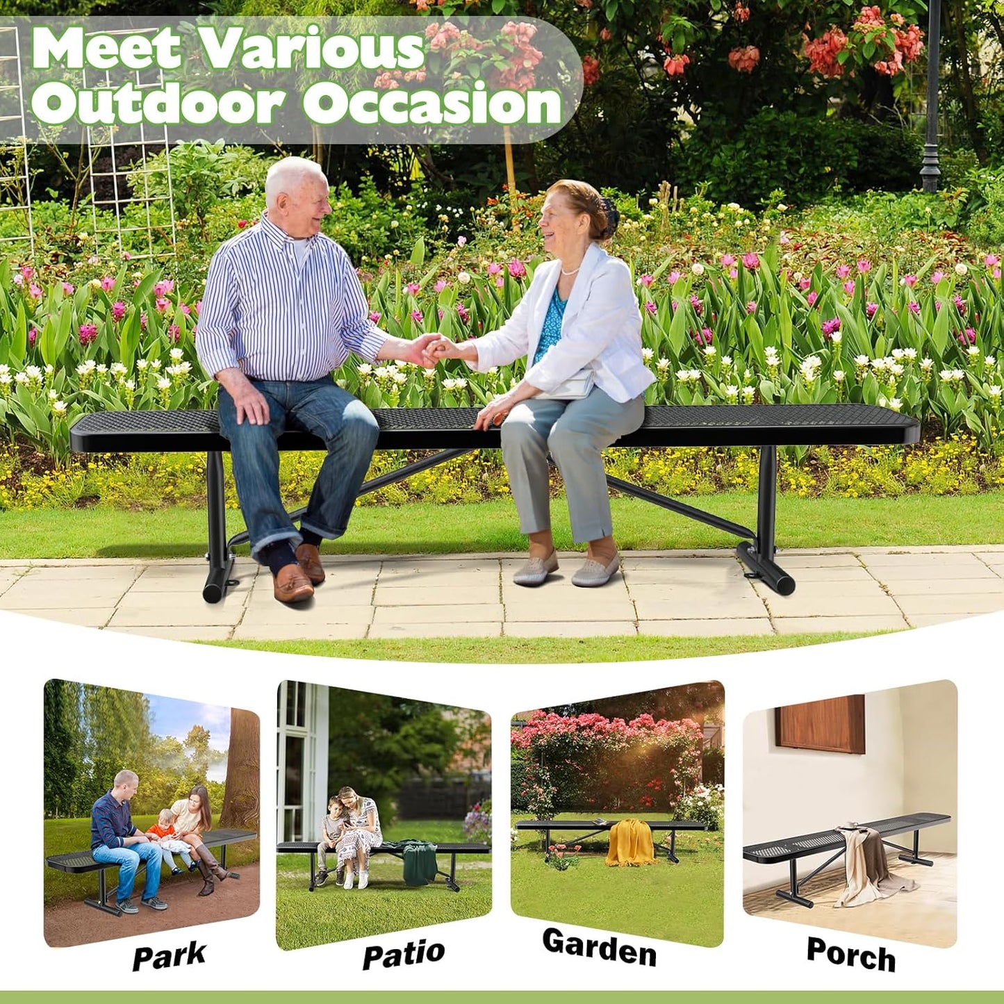 Thermoplastic Coated Iron Park Bench for Outside, Heavy Duty Metal Garden Bench, Expanded Commercial Grade Seating for Shopping Malls, Lawn Yard Porch Entryway (Black without Backrest, 96IN)