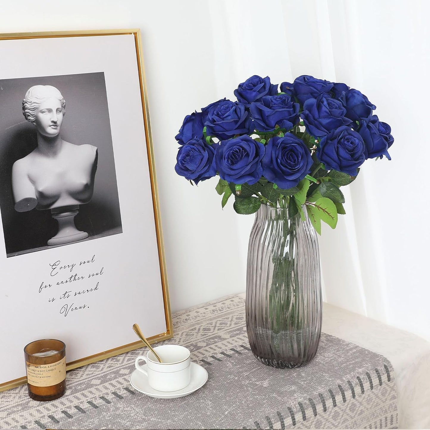 Blue Fake Roses Artificial Flowers - 16 Pcs Fake Artificial Roses Silk Flowers with Stems for Home Wedding Hotel Office Centerpiece Decor(Navy Blue)